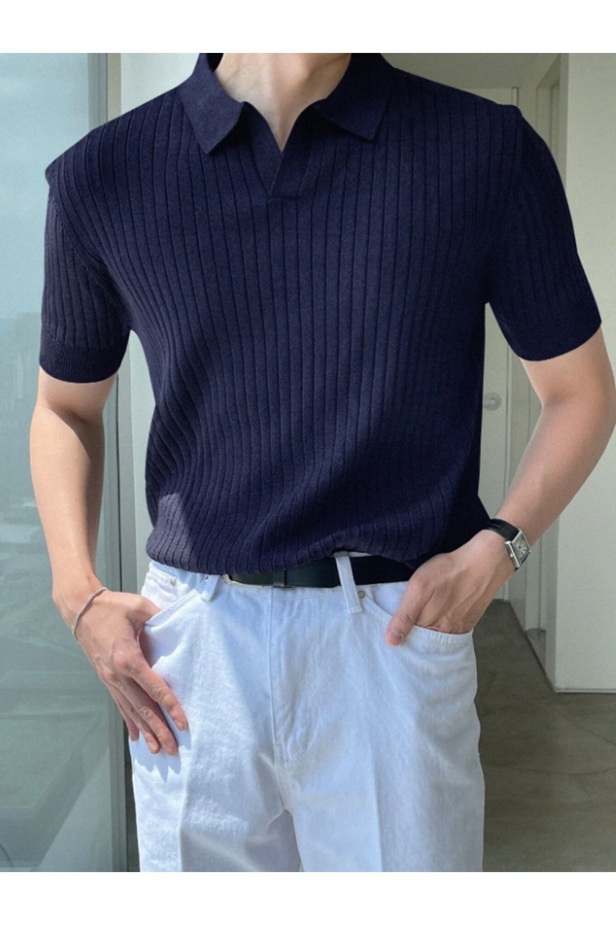 Tarz Cool Lacivert Erkek Fitilli Polo Yaka Triko T-Shirt