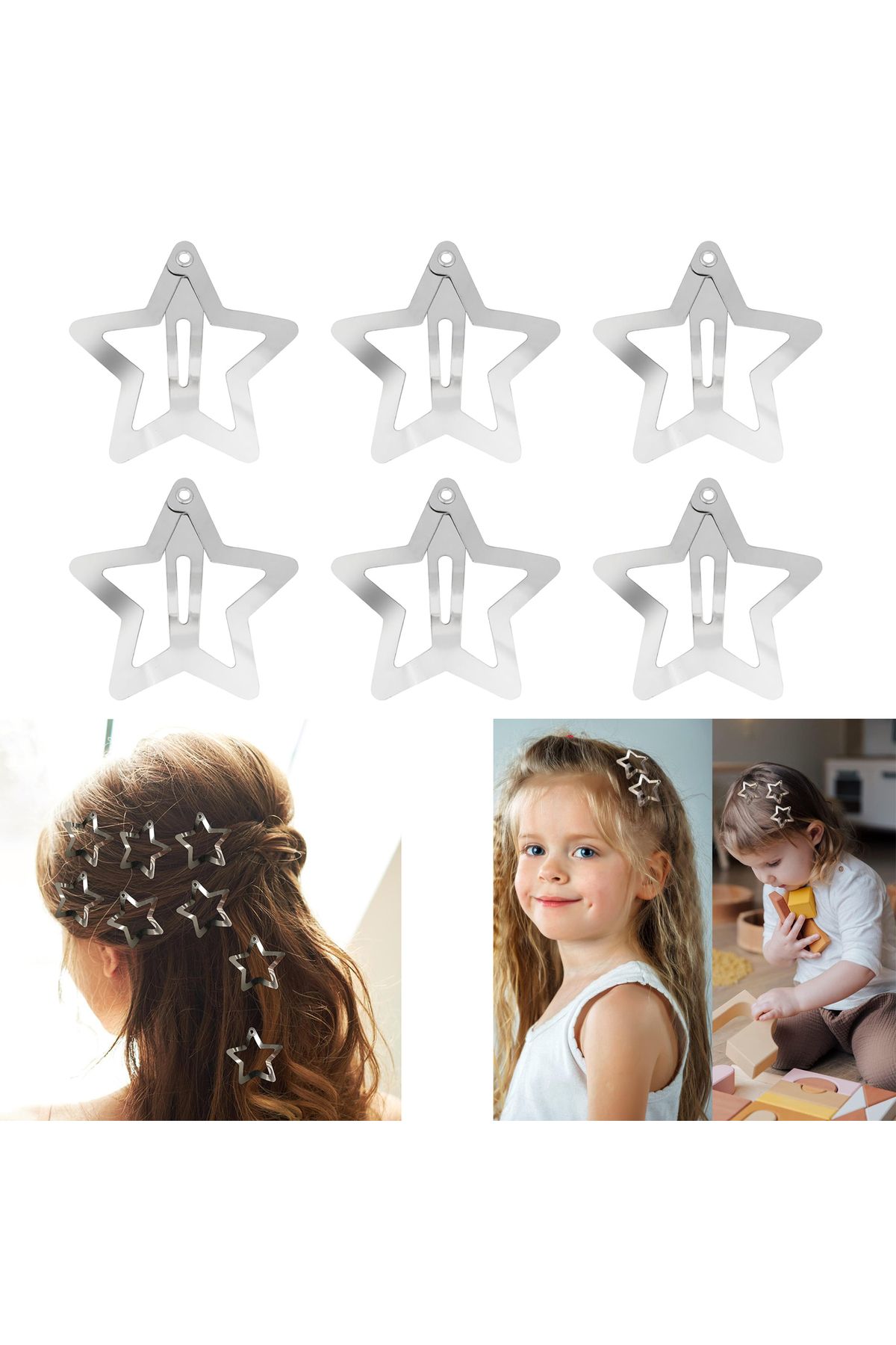 Cinderella 6 adet - Yıldız Çıt Çıt Toka Gümüş Renk - Kız Çocuk Yıldız Model Çıtçıtlı Yan Toka - Y2k Star Style