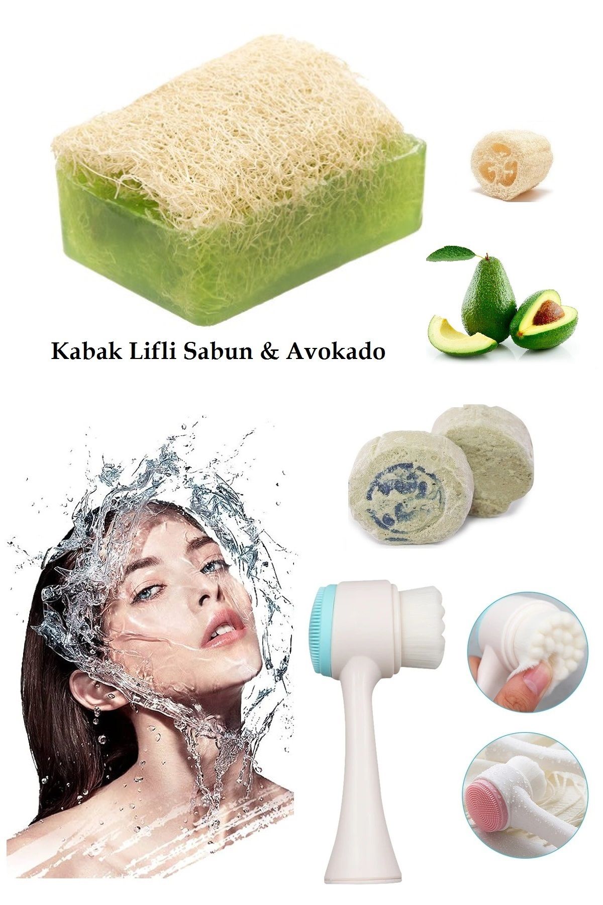 Nadom 3lü Set Yüz Temizleme Fırçası Cilt Bakım Arındırıcı Lifli Peeling Avokado Sabun Akne,Leke Ruşur Taşı