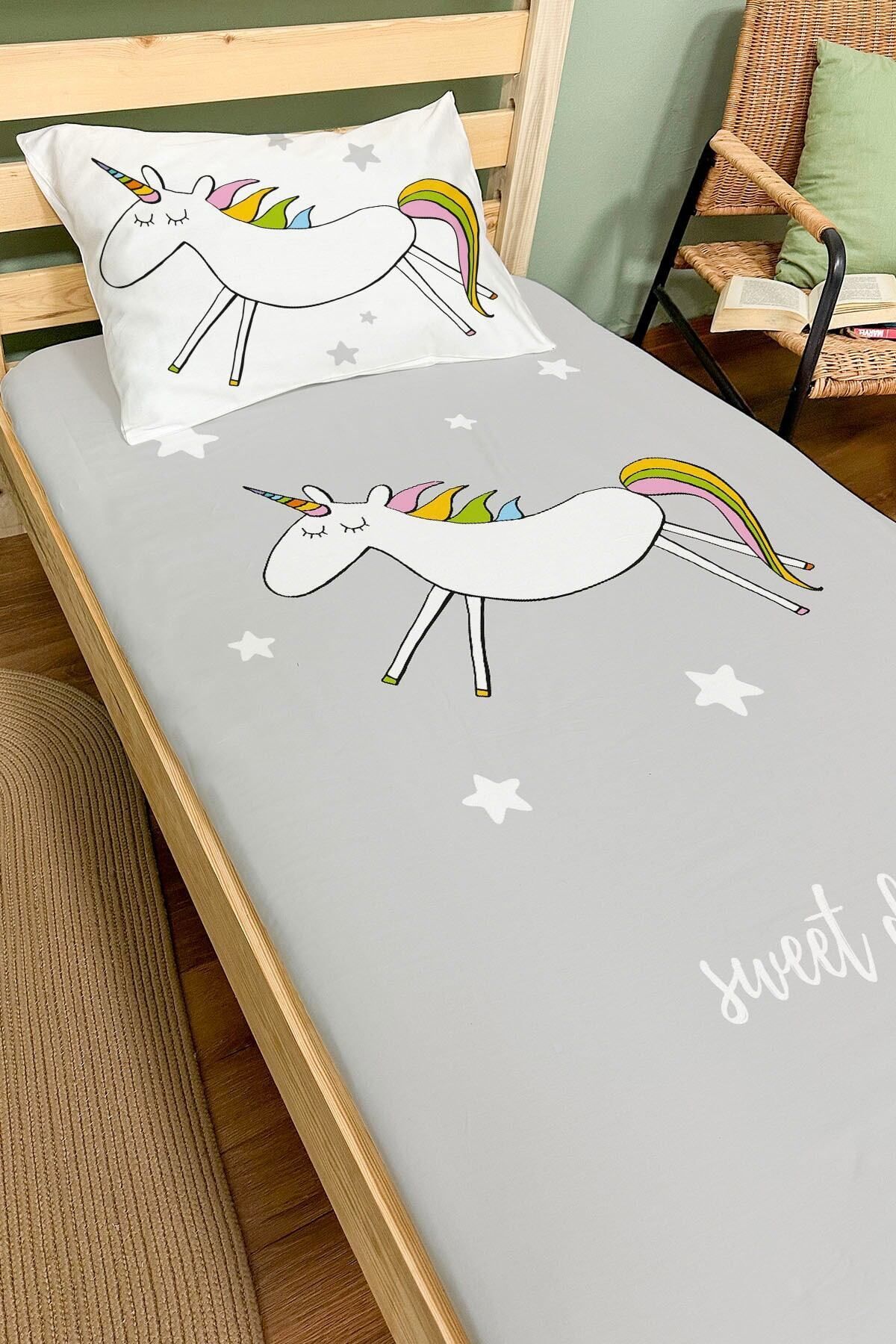 Tuğba Kuğu Lastikli Çarşaf Seti (90X190 YÜKSEKLİK 20) - Pure Baby Serisi - Doodle Unicorn