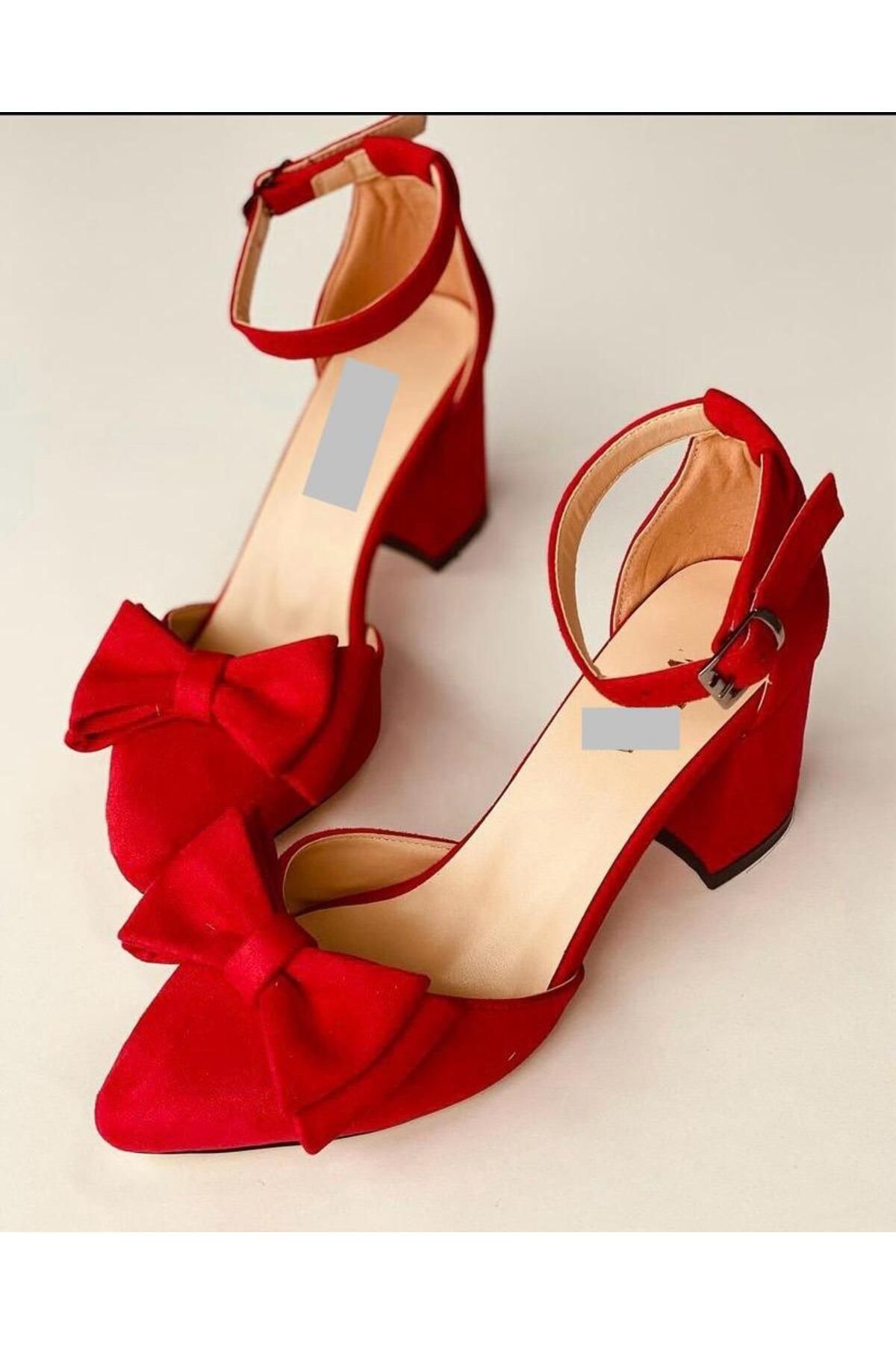 BY MAY SHOES topuklu fıyonklu kırmızı abıye ayakkabı