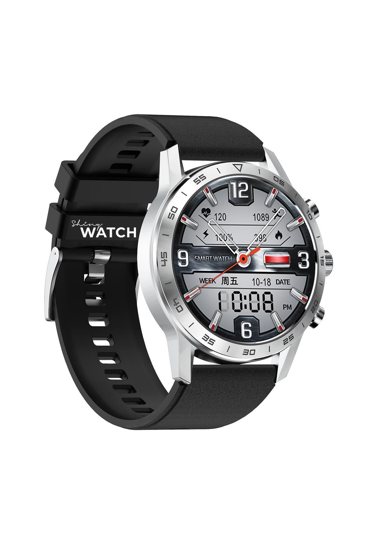 ShinyWATCH Kk70 Business Ve Spor Özellikli Wifi Yuvarlak Akıllı Saat Siyah Renk Silikon Kordon Gümüş