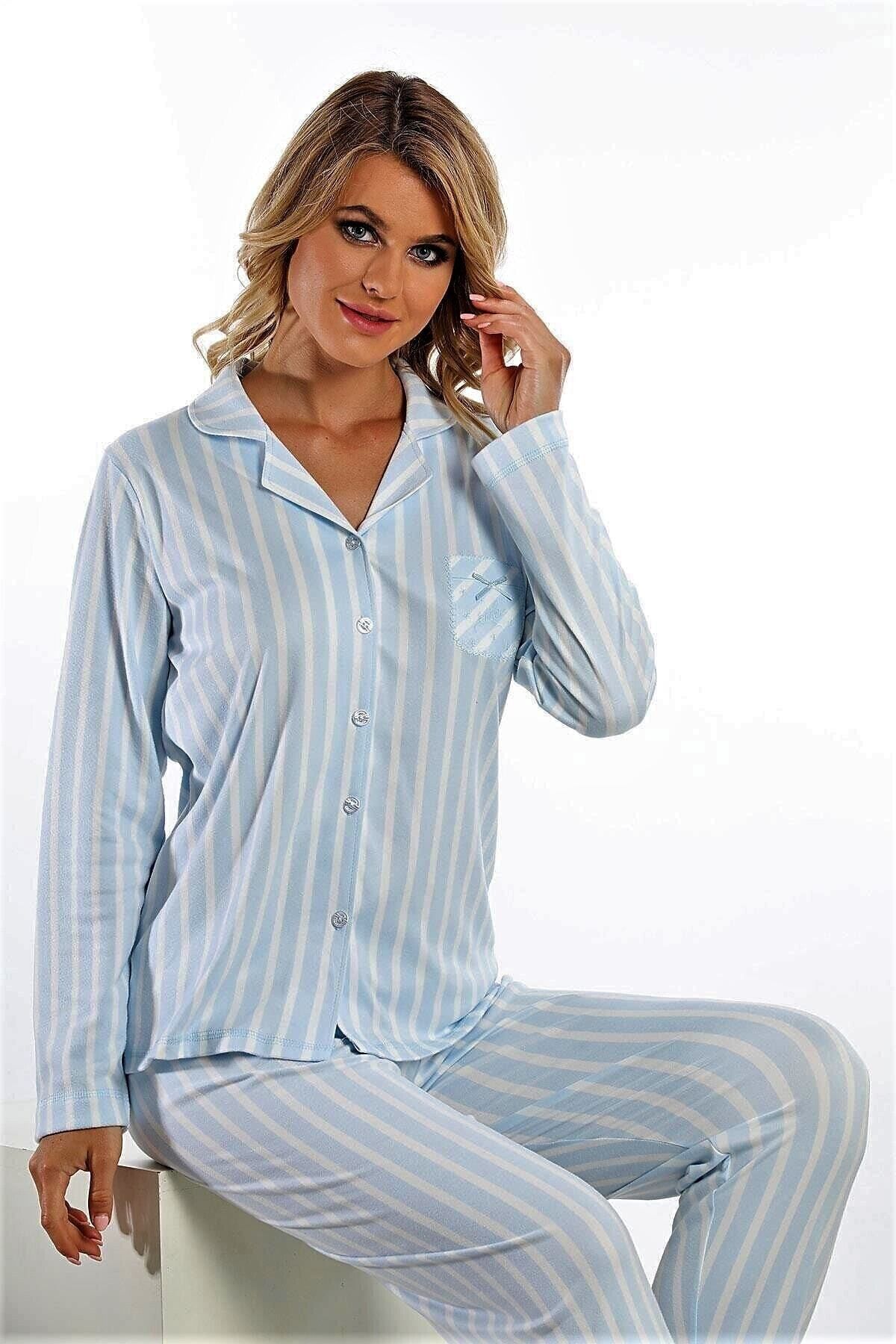 Etoile Önden Düğmeli Soft Pijama Takımı Mavi
