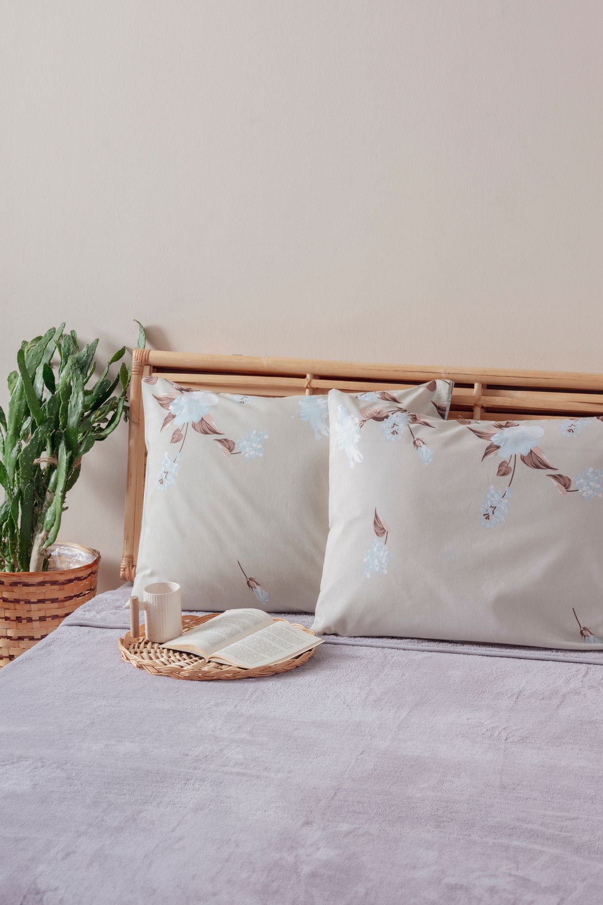 Mislina Home 2'li Bej Çiçek Desen Yastık Kılıfı Pamuk Polyester Kolay Ütülenir 50x70