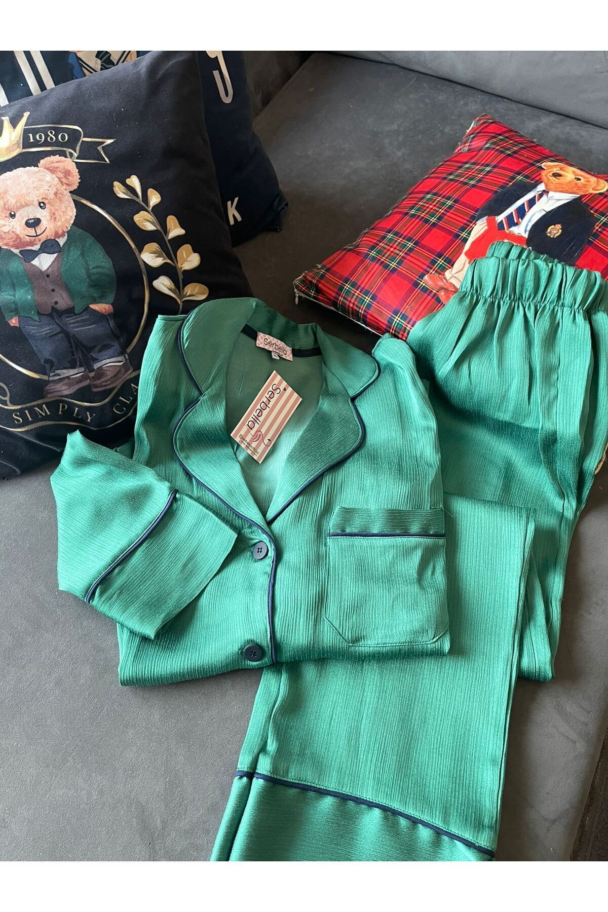 Serbella Yeşil Saten Uzun Kollu Pijama Takımı