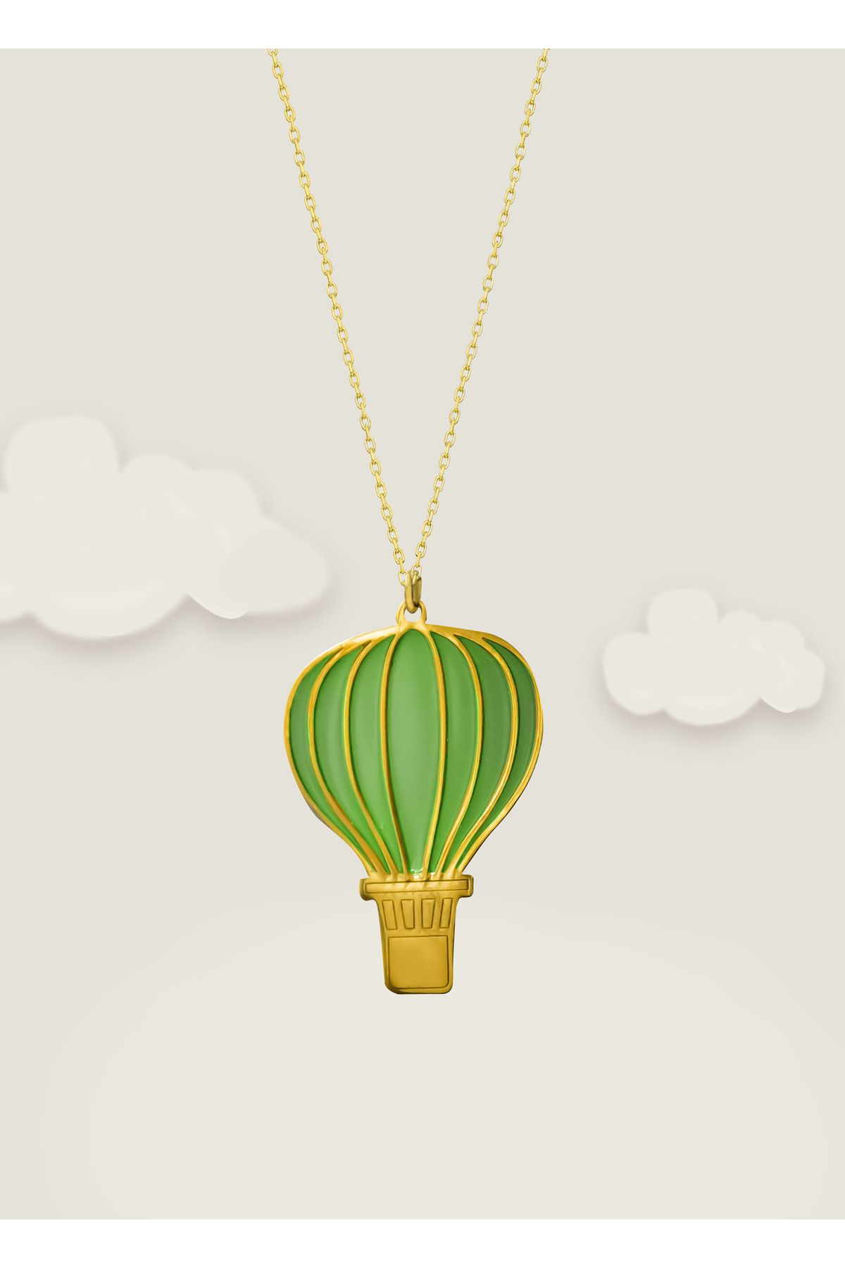 Papatya Silver 925 Ayar Gümüş Gold Kaplama Rüya Serisi Cam Boyalı Yeşil Uçan Balon Kolye