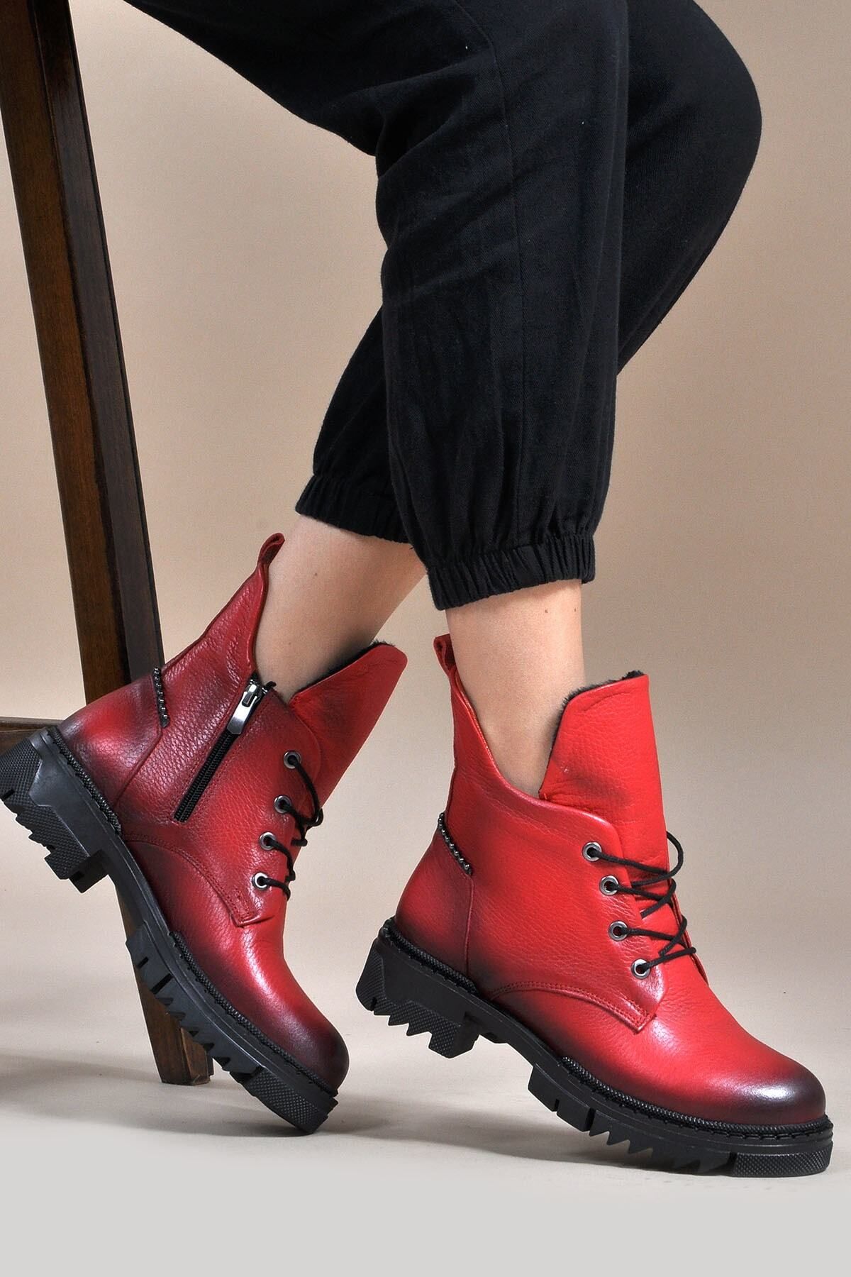 Vizon Ayakkabı Hakiki Deri Kırmızı Cilt Kadın Bot 151545