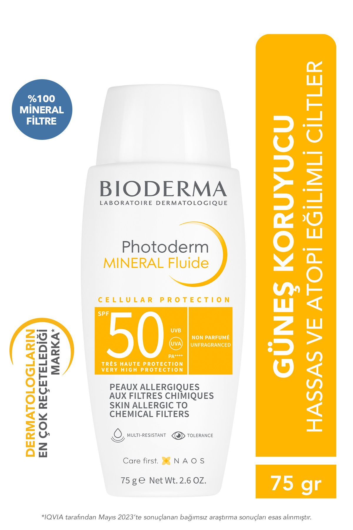 Bioderma Photoderm Mineral Fluid SPF50+ Çok Hassas Ciltler için Yüksek Korumalı Yüz, Vücut Güneş Kremi 75 gr