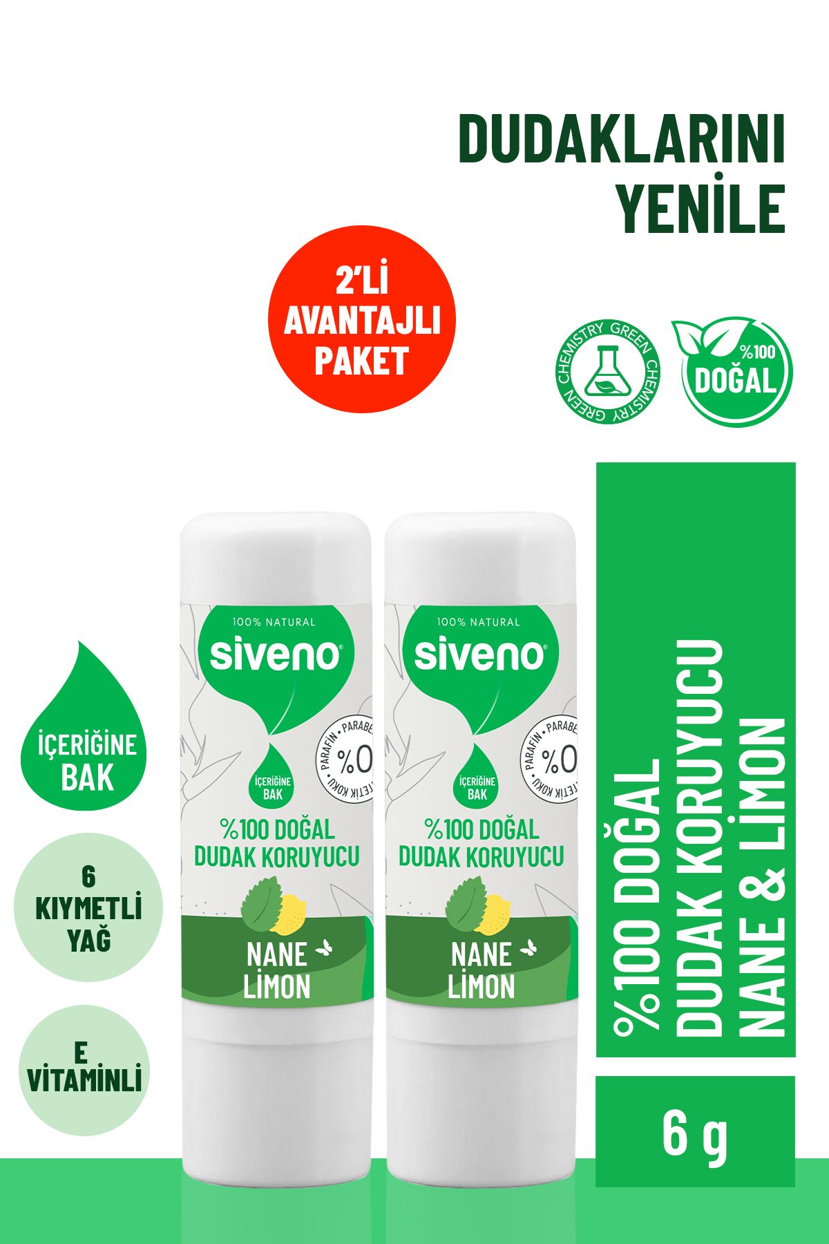 Siveno %100 Doğal Dudak Koruyucu Nane & Limon Lipbalm Krem Nemlendirici Parlatıcı Onarıcı 6 G X 2 Adet