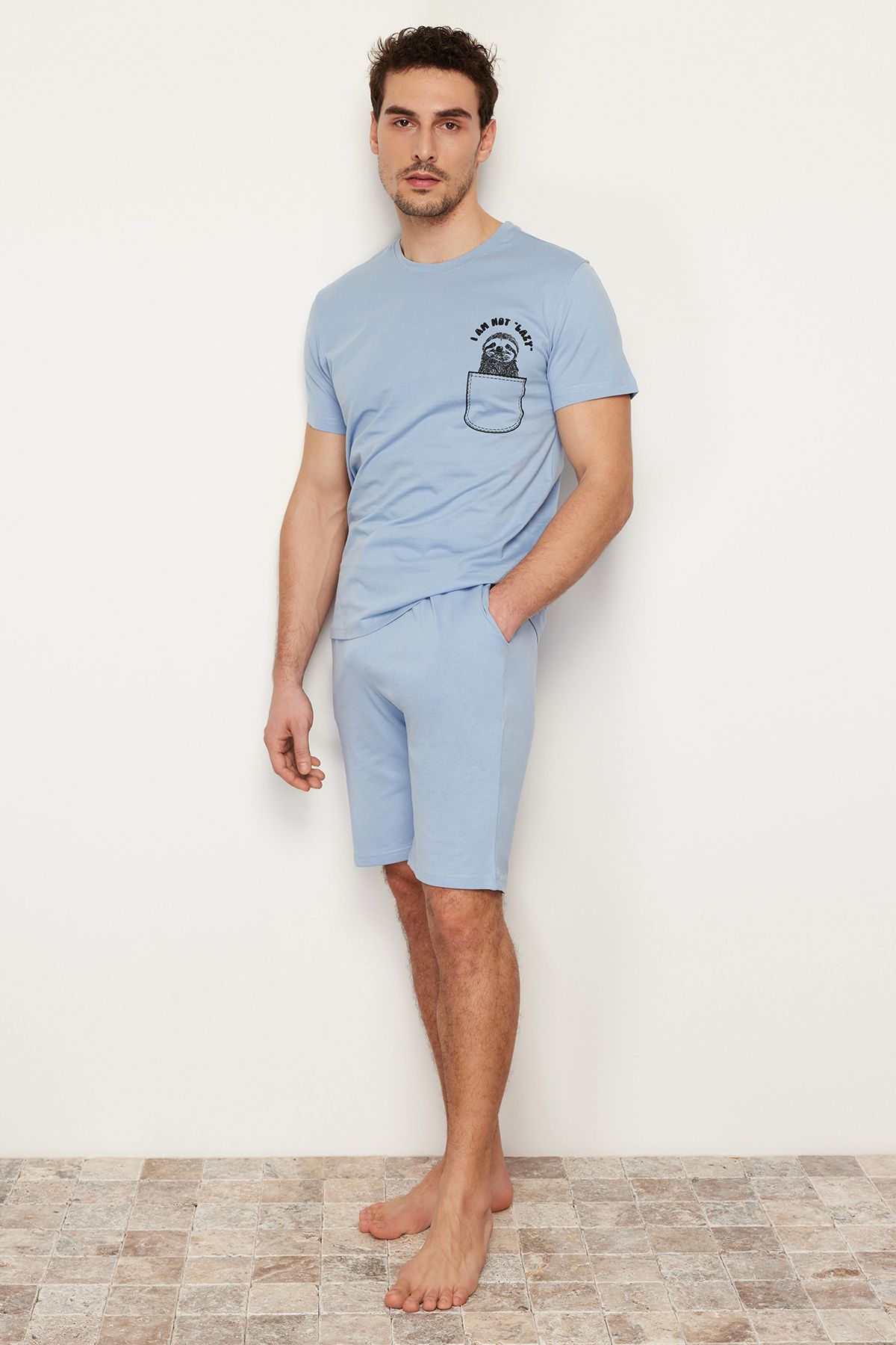 TRENDYOL MAN Mavi Baskılı Regular Fit Örme Yazlık Şortlu Pijama Takımı TMNSS24PT00011