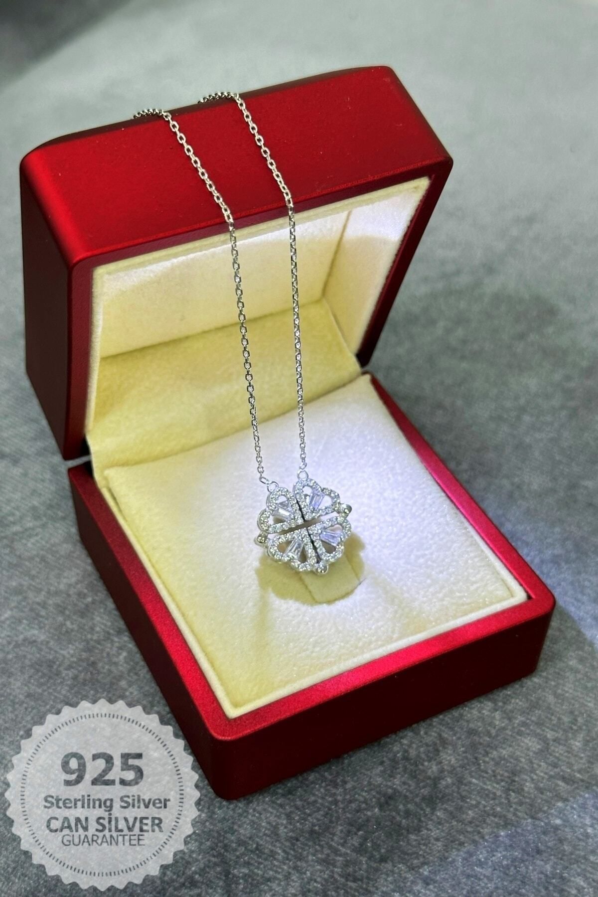 CAN SİLVER Aşk Kolyesi | 925 Ayar Gümüş Mıknatıslı Açılır Kapanır Yonca Kolye-hediye Paketli