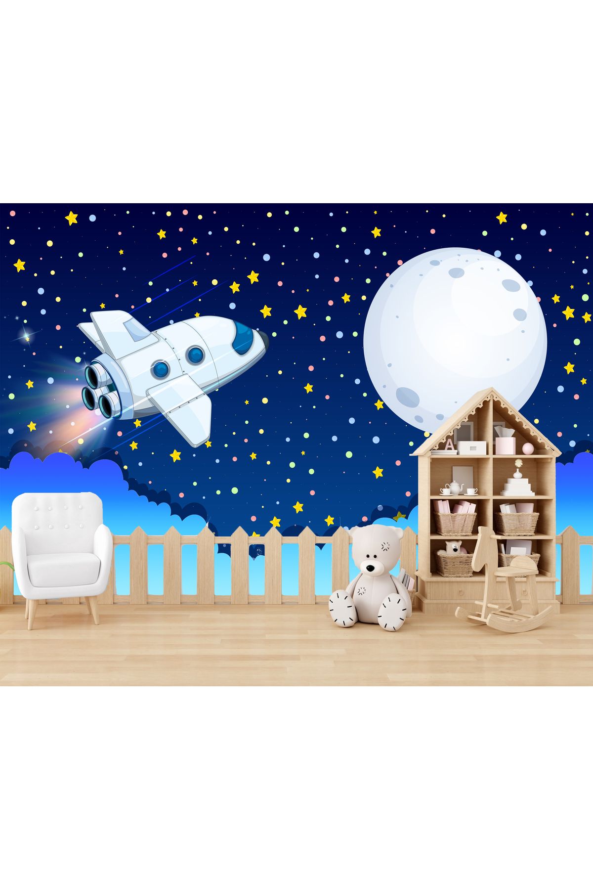KKTS Uzay,Gökyüzü,Yıldızlar,Ay,Bulut ve Uçak Temalı Çocuk Odası-Anaokulu Duvar Kağıdı Tek Parça