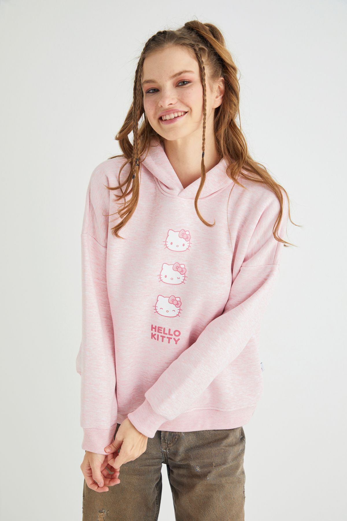 Hello Kitty Lisanslı Baskılı Kapüşonlu Kalın Oversize Fit Pembe Melanj Sweatshirt Roz-108