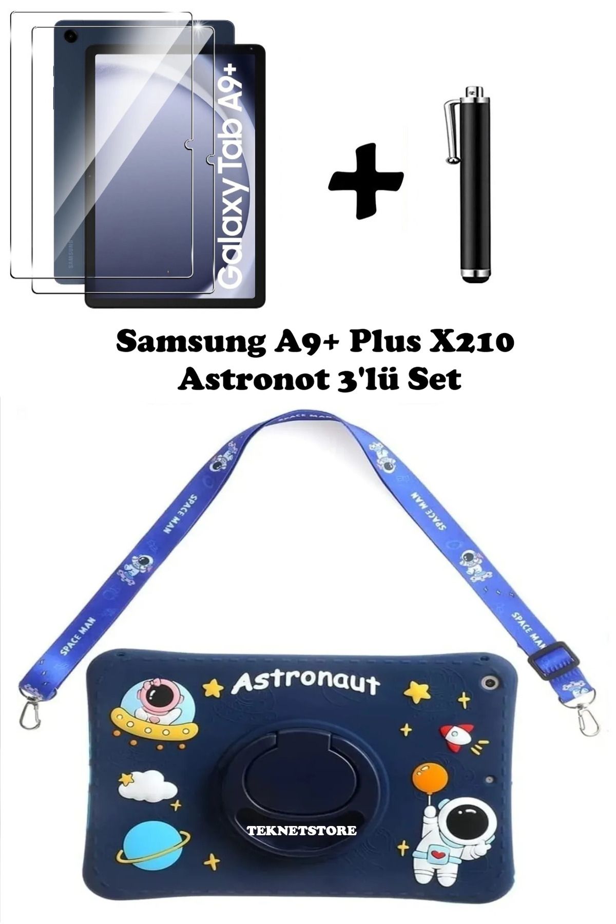 TEKNETSTORE Samsung Galaxy Tab A9 Plus 11 Inç Sm-x210 Uyumlu Astronot Çocuk Kılıf Askılı Stand Eğlenceli 3lü Set