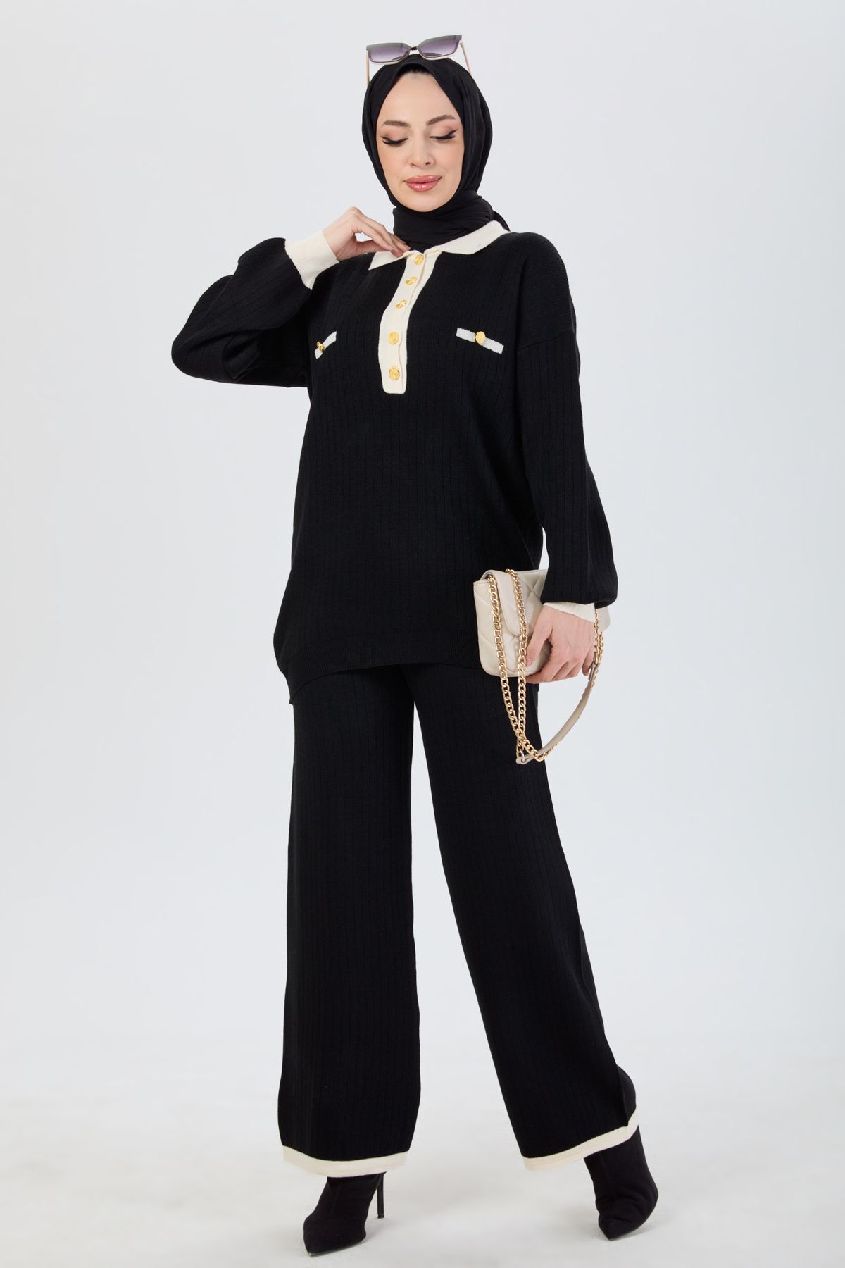 TOFİSA 24220-SIYAH Metal Düğme Detaylı Tunik Pantolon Triko Takım