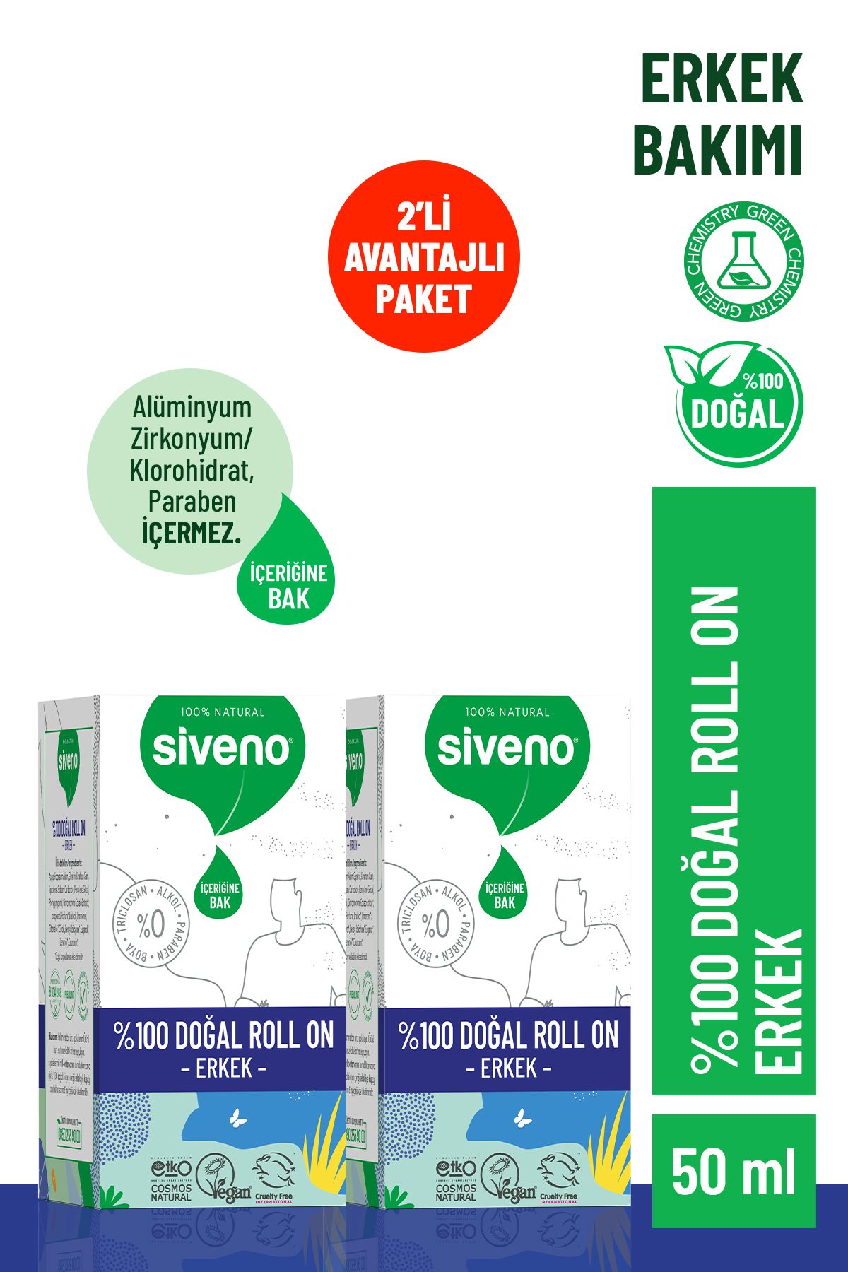 Siveno %100 Doğal Roll-On Erkek Deodorant Ter Kokusu Önleyici Bitkisel Leke Bırakmayan Vegan 50 ml X 2 Adet