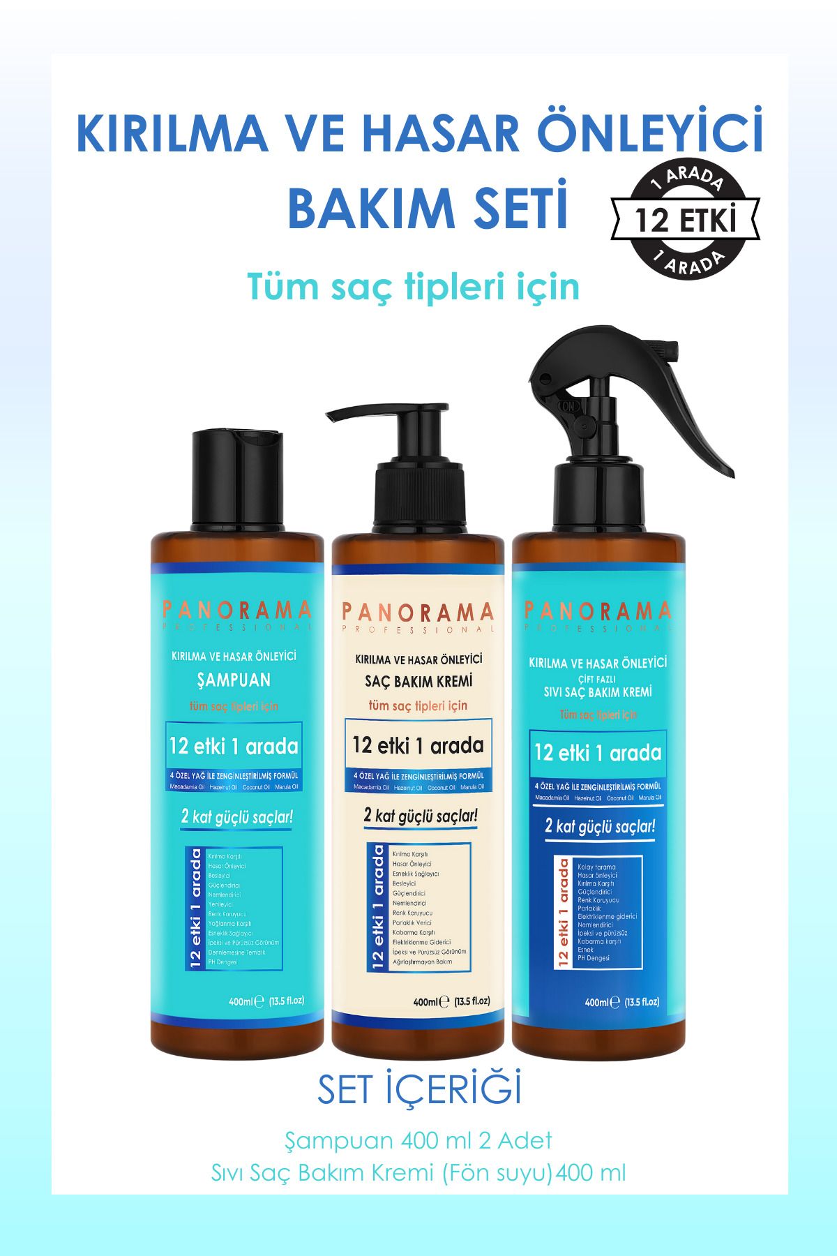 PANORAMA Professional Kırılma ve Hasar Önleyici Bakım Seti 400 ml Şampuan-SaçKremi-Sıvı Saç Kremi