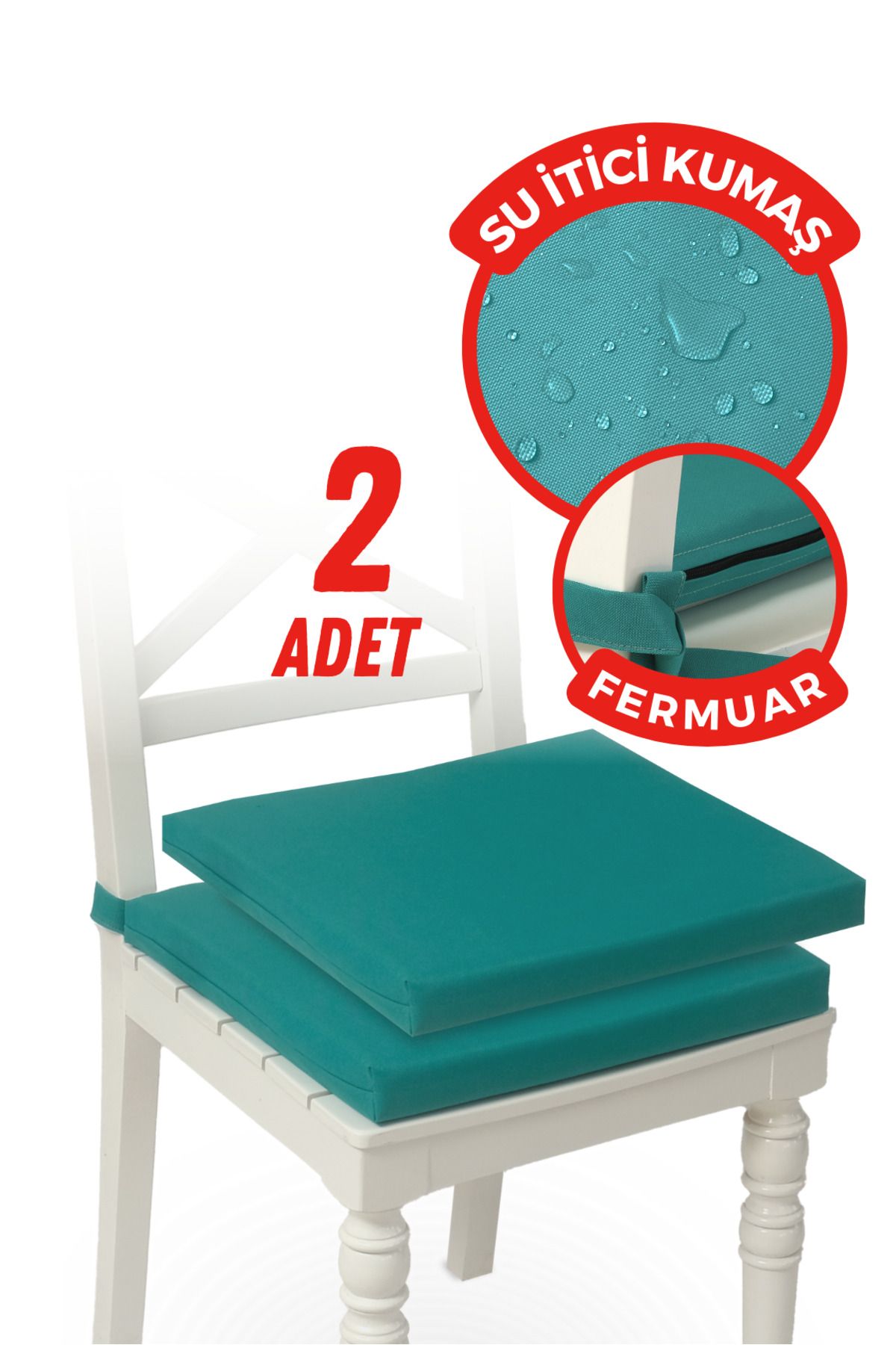 XPERMATE 2'li Sandalye Minderi Su İtici Kumaş 40x40 cm Sünger Sandalye Minderi Bağcıklı Turkuaz