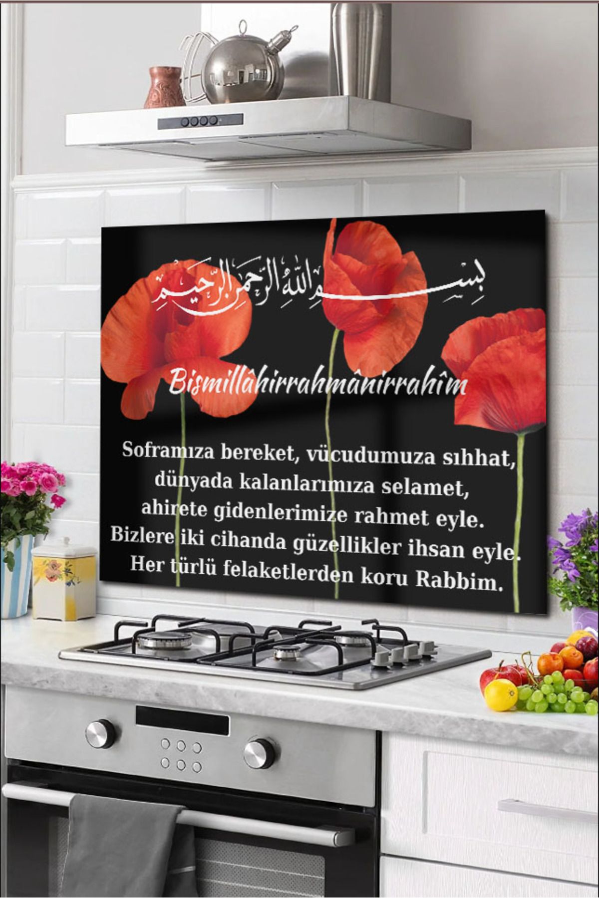 Olinpa Cam Ocak Arkası Koruyucu Tezgah Ankastre Arkası Koruyucu | 50x50 cm | Yemek Duası