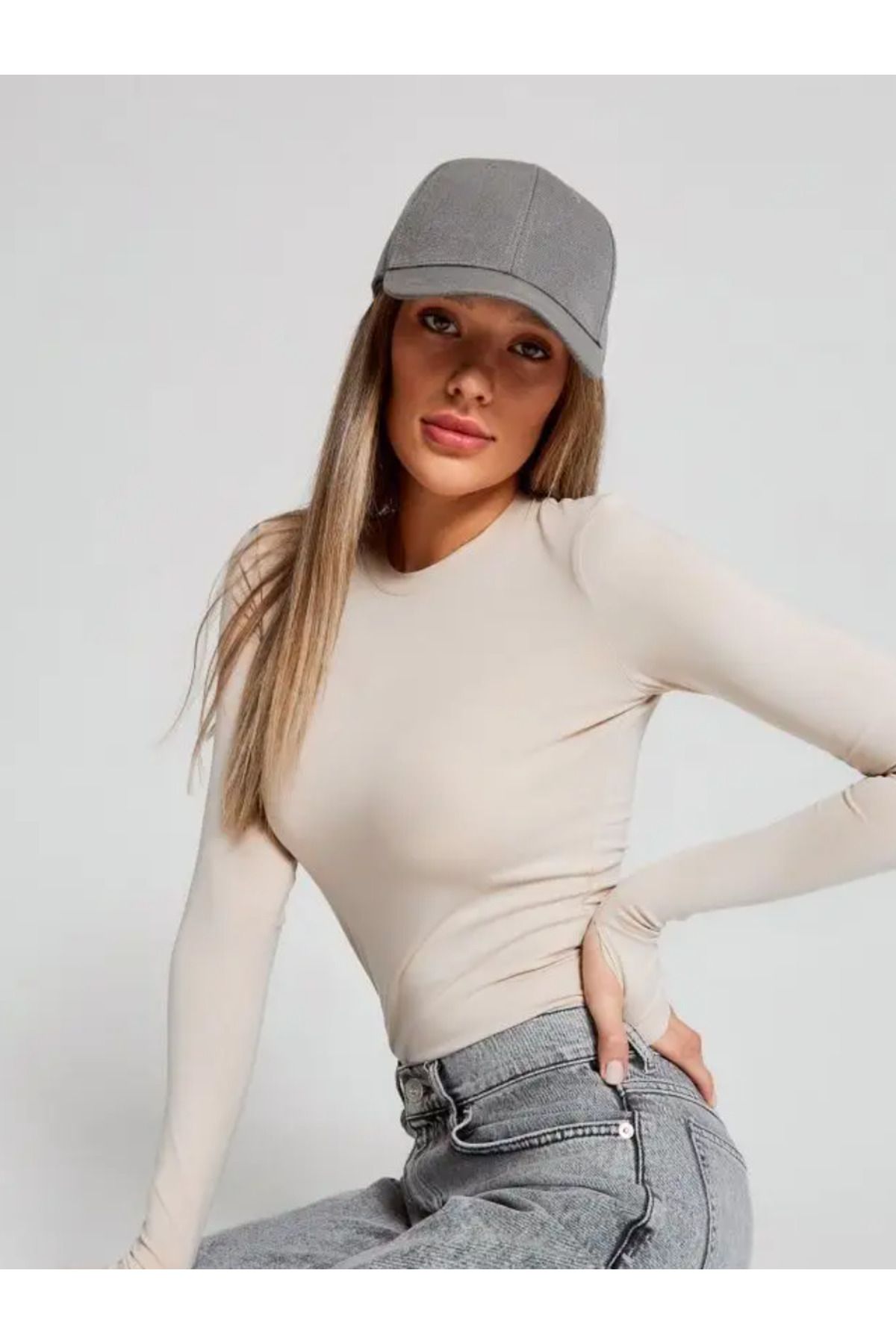 Maison La Femme Camel Örme Basic Bisiklet Yaka Uzun Kollu Slim Fit Kadın Body T-shirt