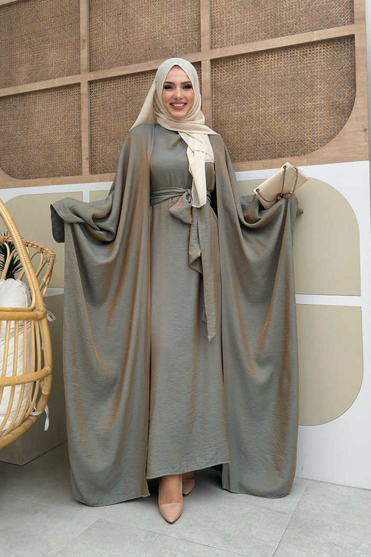 Bym Fashion Yarasakol Abayalı Elbise Takım 8497 Haki