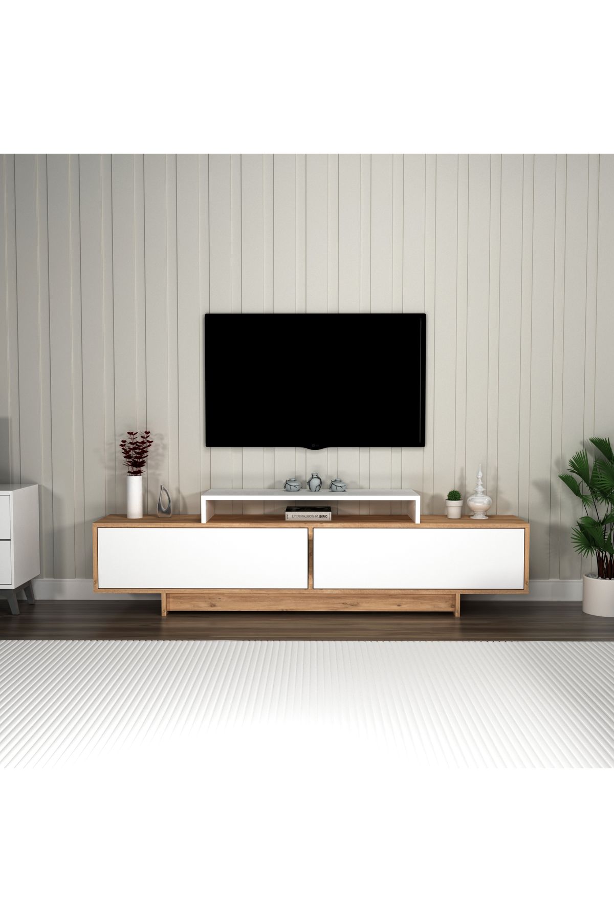 Arnetti Tv Sehpası, 2 Kapaklı Raflı Dekoratif GRASYAS Televizyon Sehpası, Atlantik Çam Beyaz
