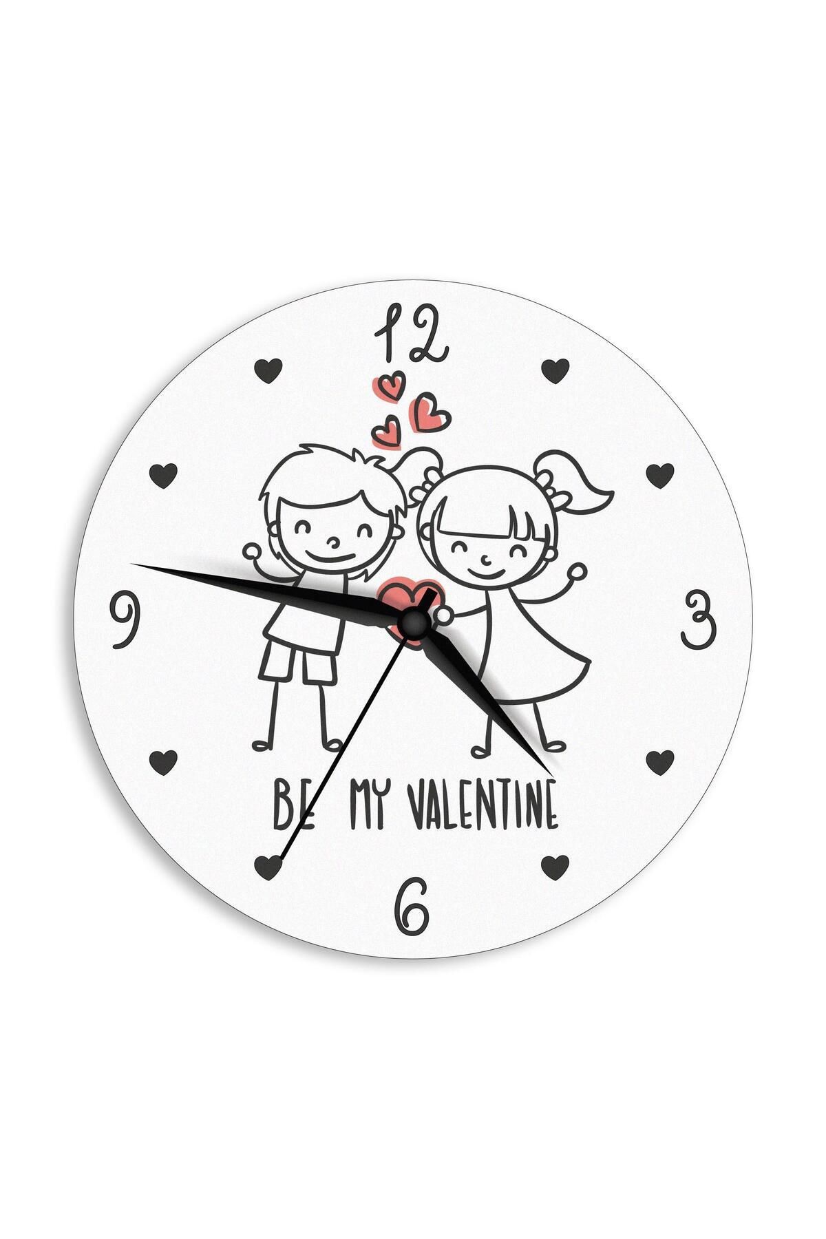 CajuArt Be My Valentine Yazılı Sevimli Çizim Sevgililer Günü Hediye Duvar Saati