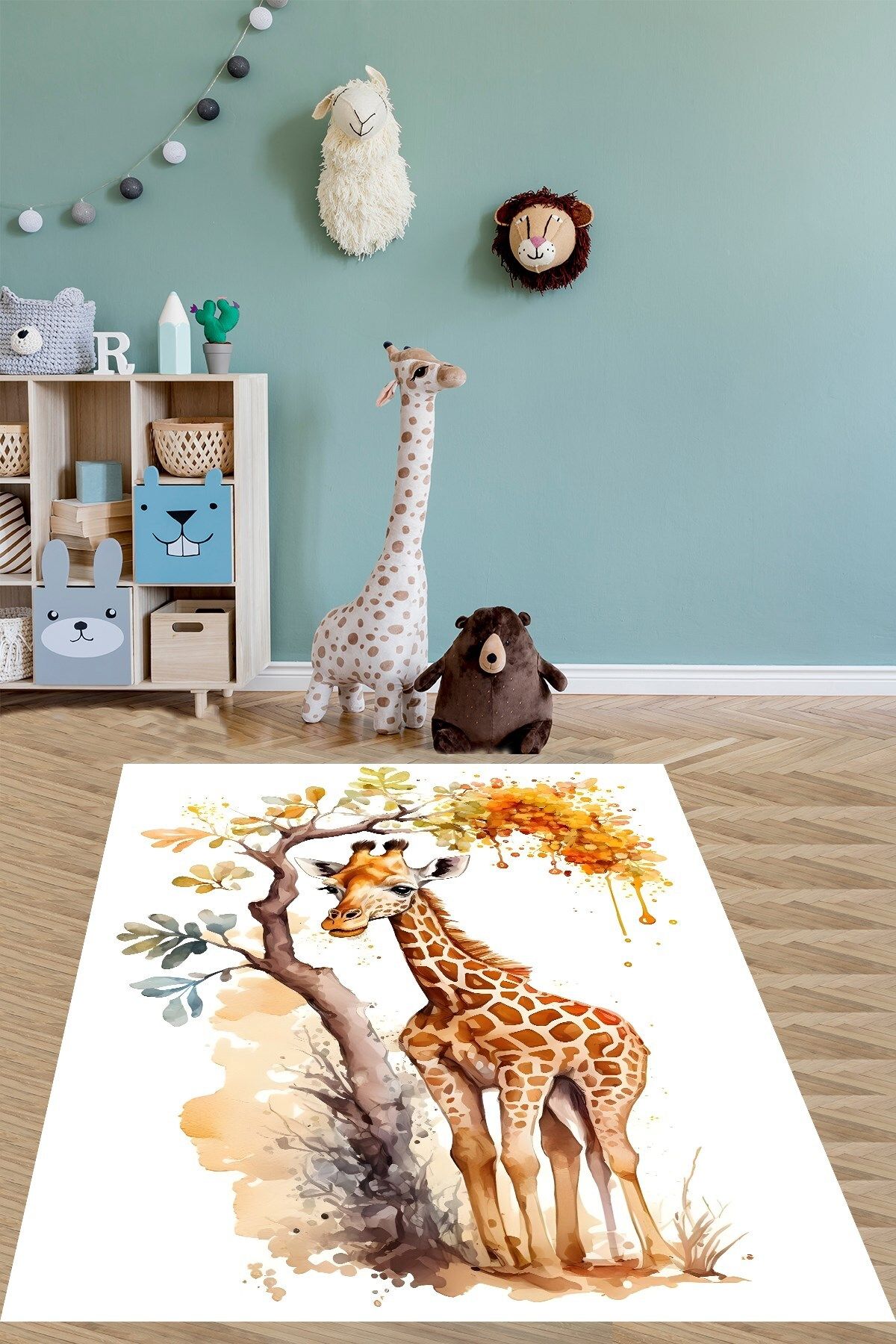 on the clouds Beyaz Zemin Zürafa Desenli Yıkanabilir Kaymaz Taban Leke Tutmaz Çocuk Odası Halısı