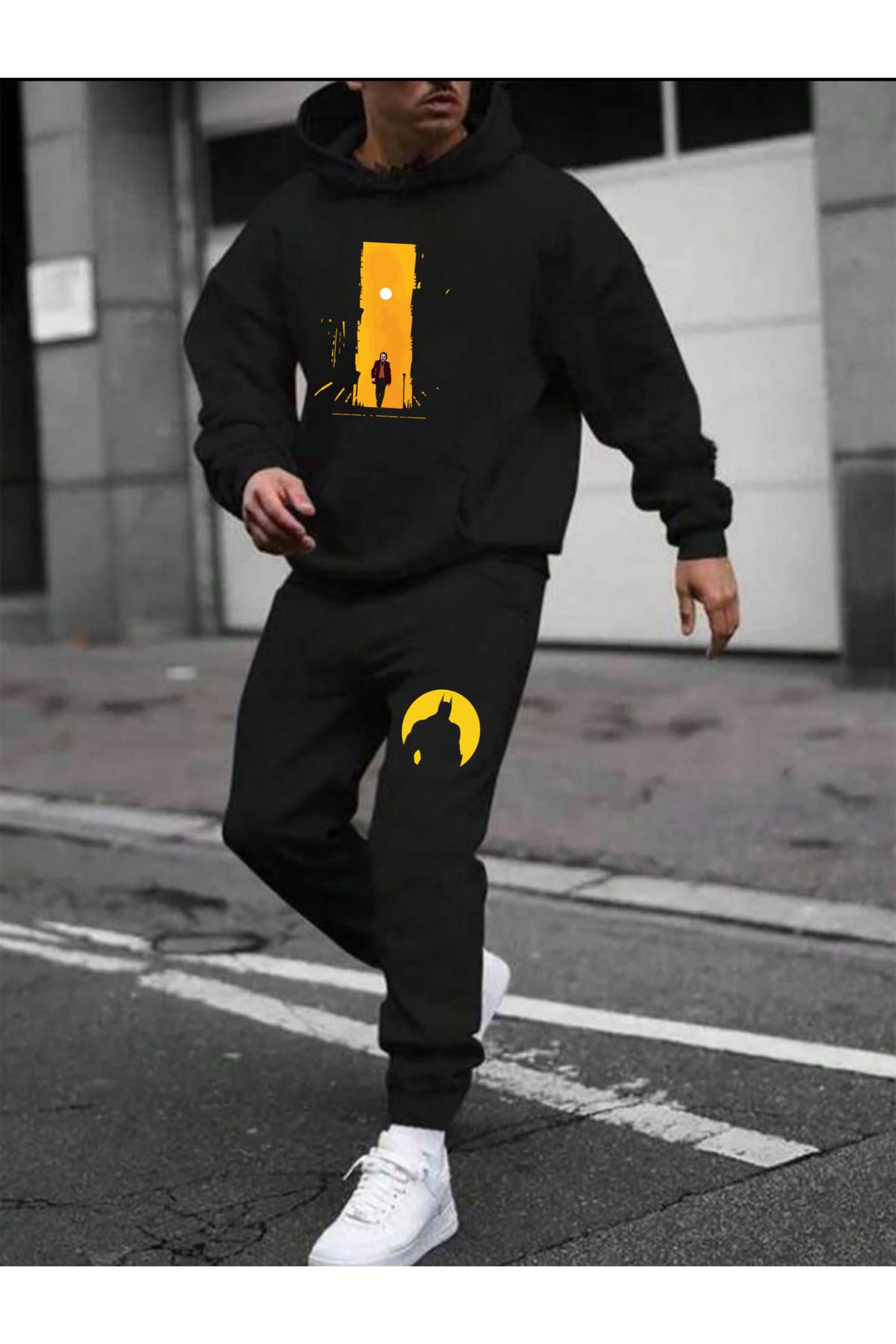 Hunors Sportswear & Company Siyah Erkek Oversıze Batman Joker Takım Tasarımlı Baskılı Kapüşonlu Eşofman Takımı