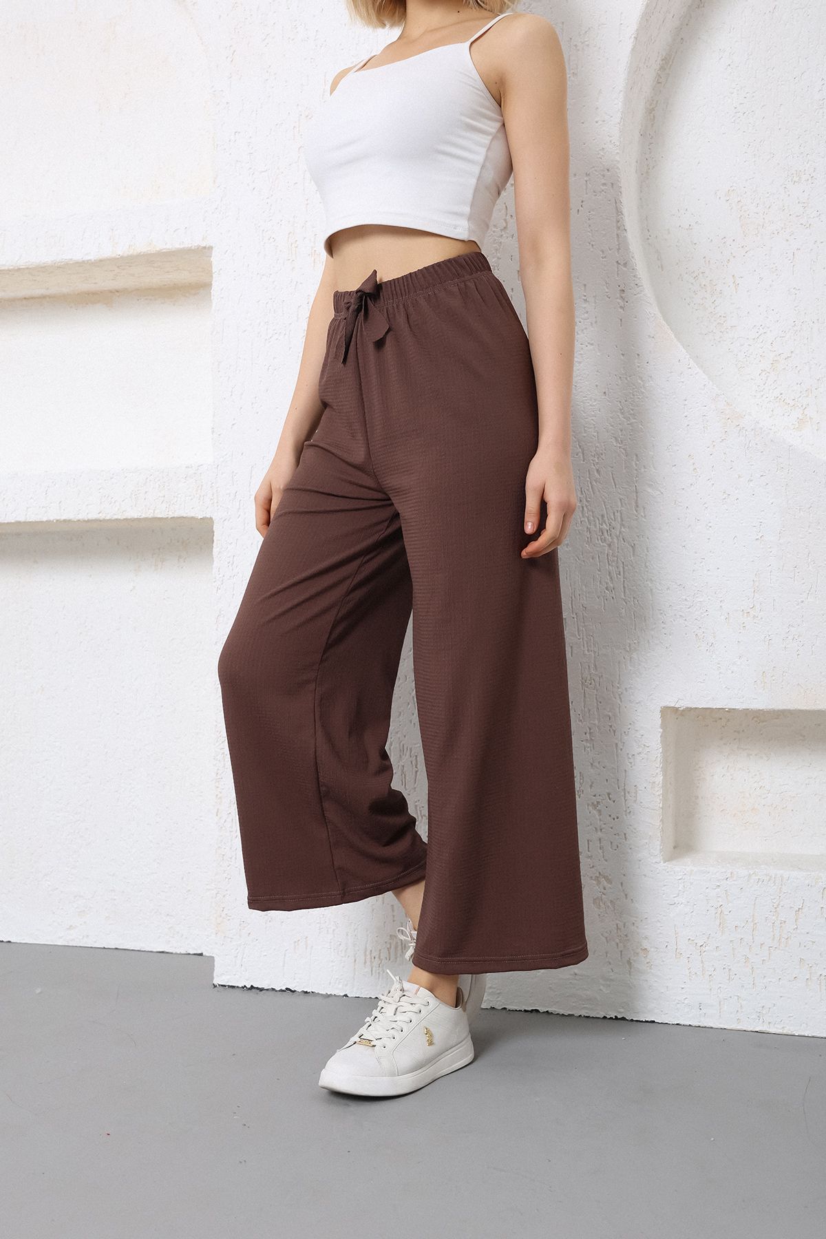 Arvin Kadın Kahve Renk Beli Lastikli Bol Paça Pantolon Oversize Yazlık