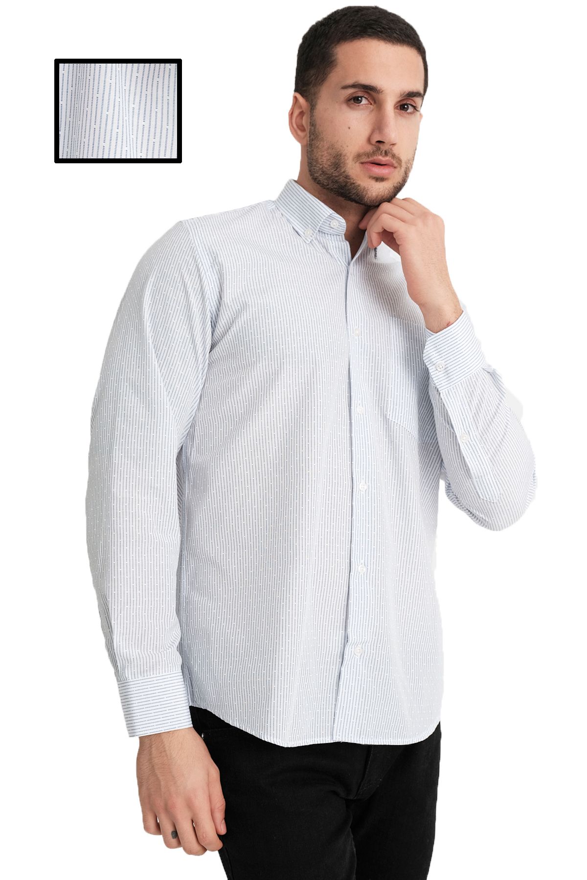 Varetta Erkek Beyaz Çizgili Uzun Kollu Pamuklu Gömlek Klasik Kesim Cepli