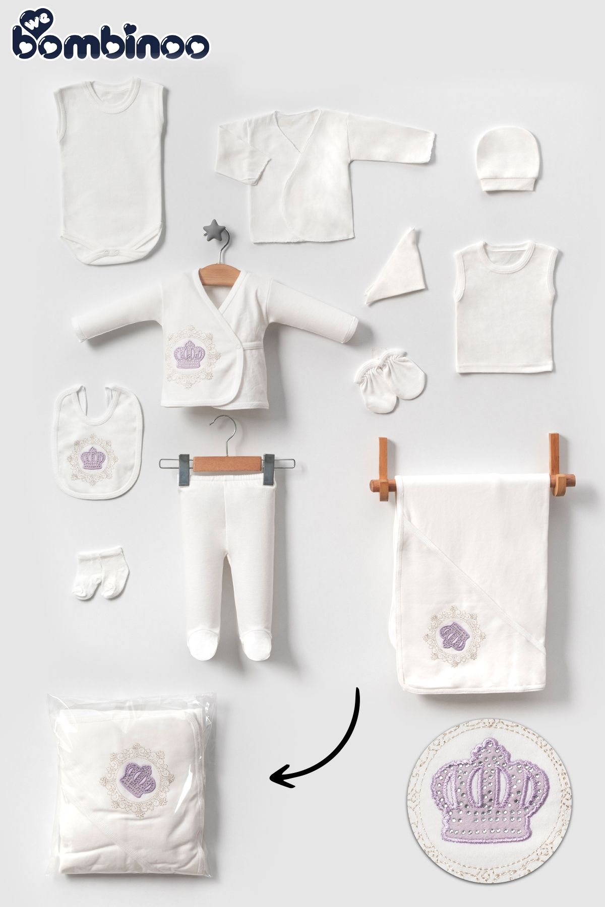 webombinoo Bebe Nakışlı Taşlı 11parca Yeni Doğan Hastane Cıkışı Zıbın Set