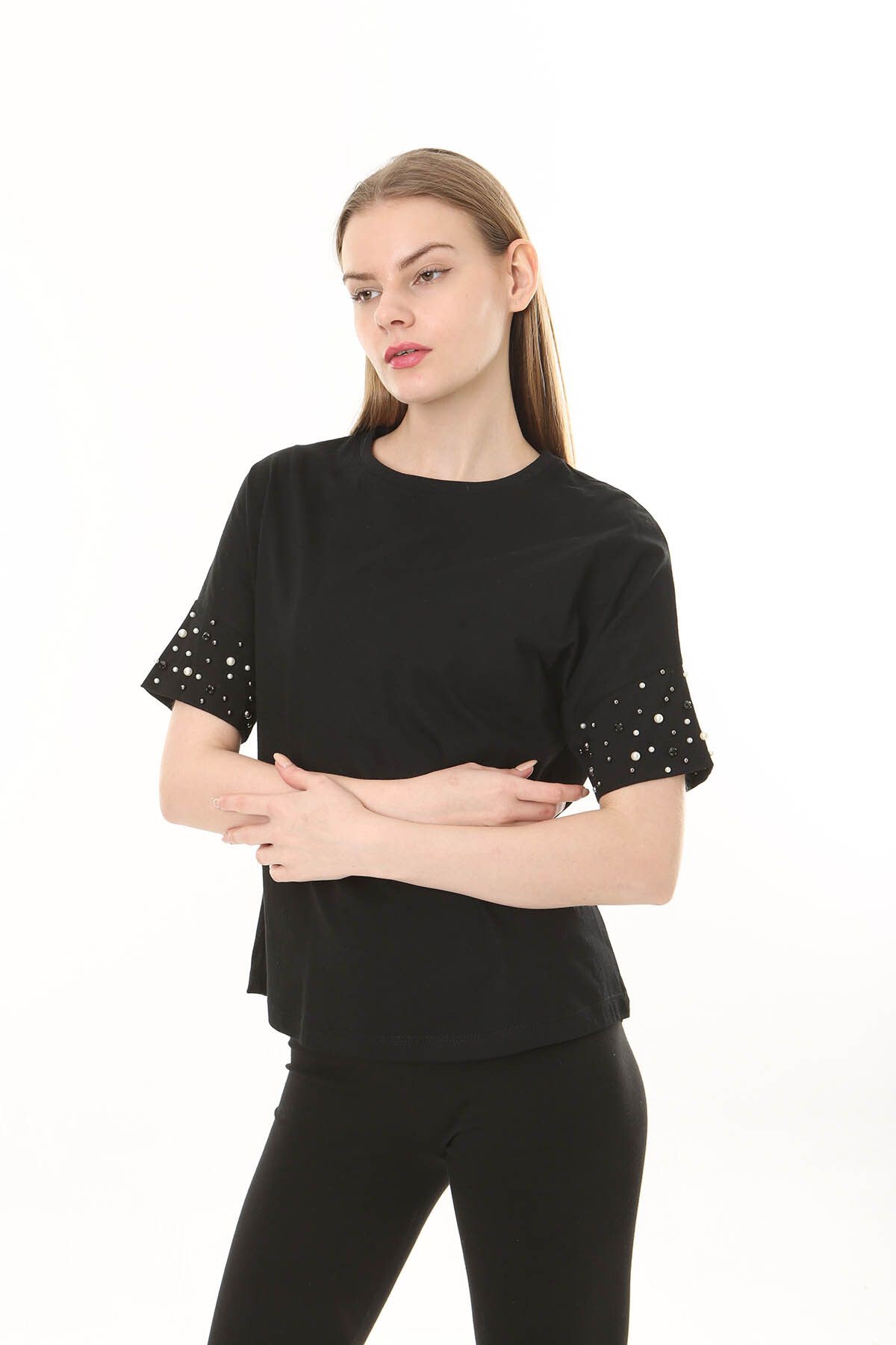 LİVE SPORT Kadın Yarasa Kol, Kolları İncili Pamuklu Örme T-shirt Siyah