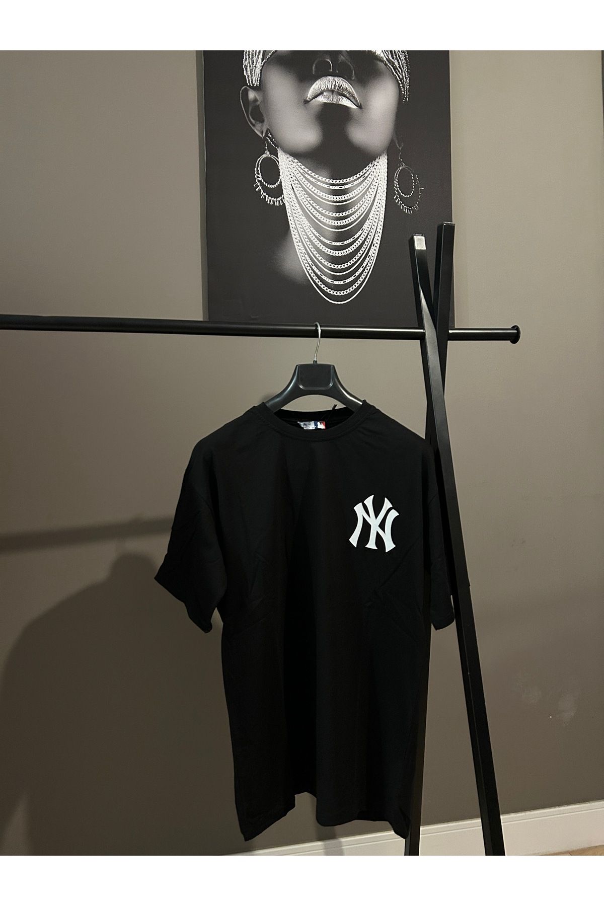 King Kısa Kollu Oversize NewYork Yankee Desenli Kalın Kumaş Siyah Tshirt