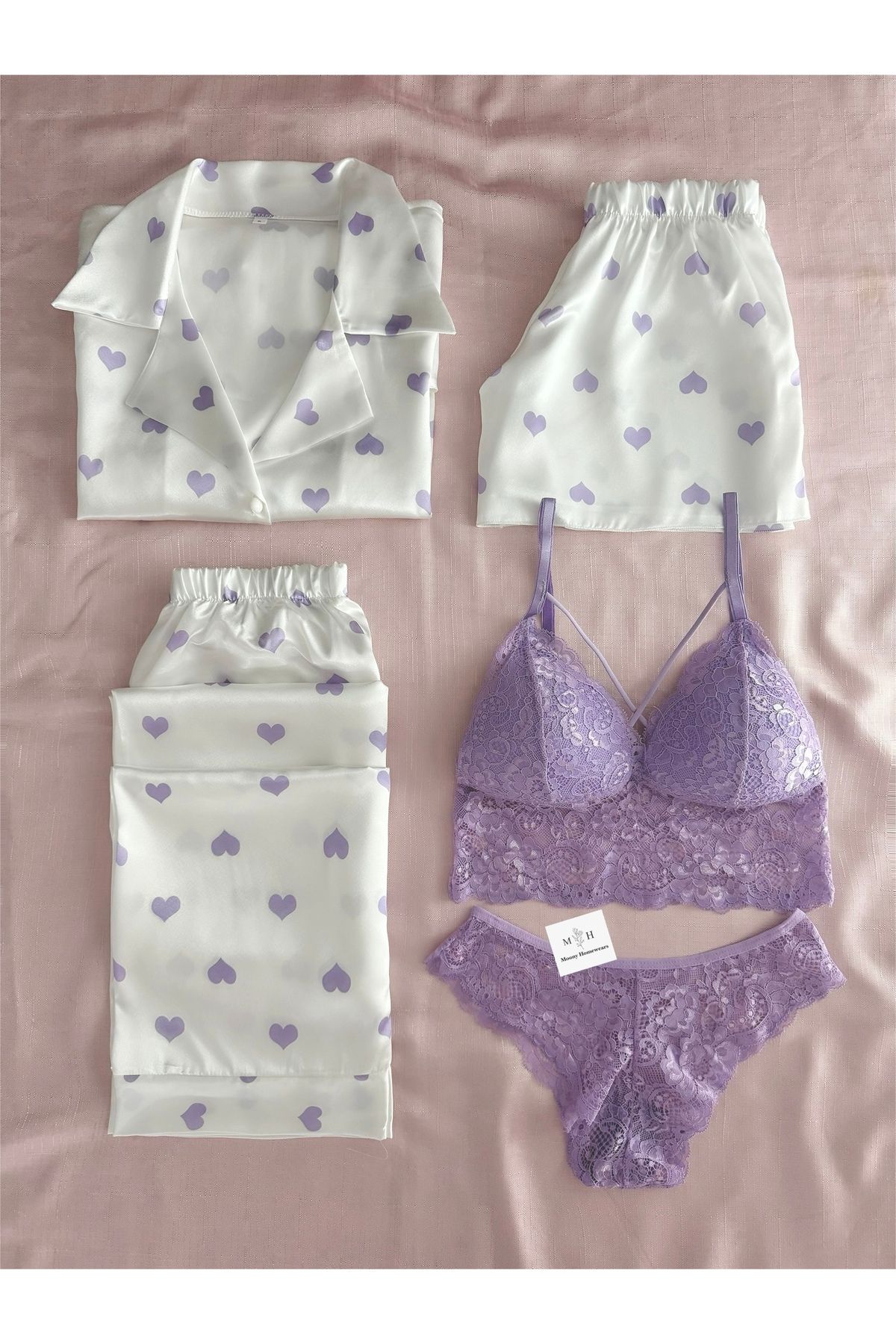 MH Moony Homewears Kutulu 5'li Triple Layla Saten Pijama Iç Giyim Çeyiz Seti