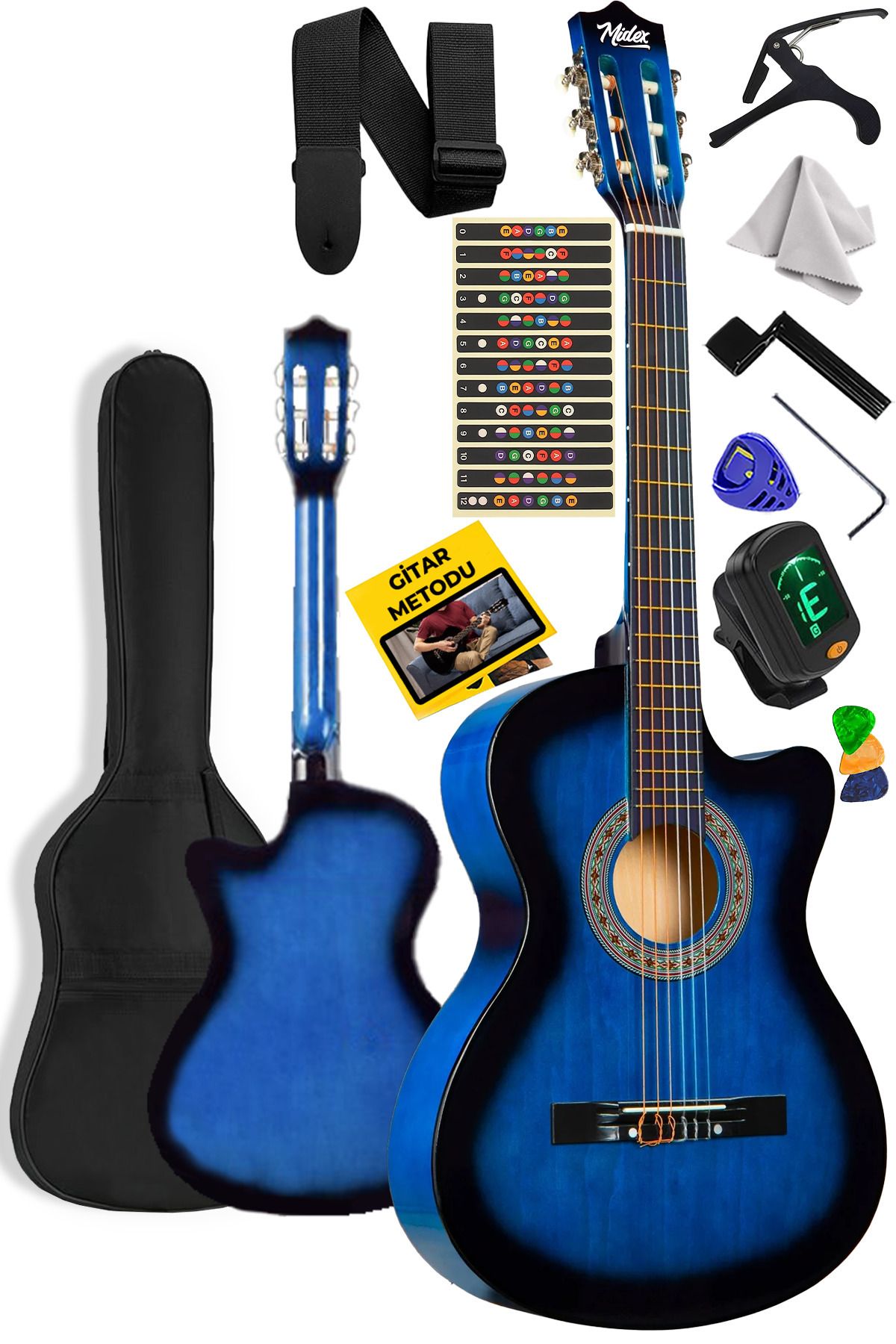 Midex Cg-395bl Mavi Renk Kesik Klasik Gitar 4/4 Yetişkin Boy Sap Ayarlı Full Set