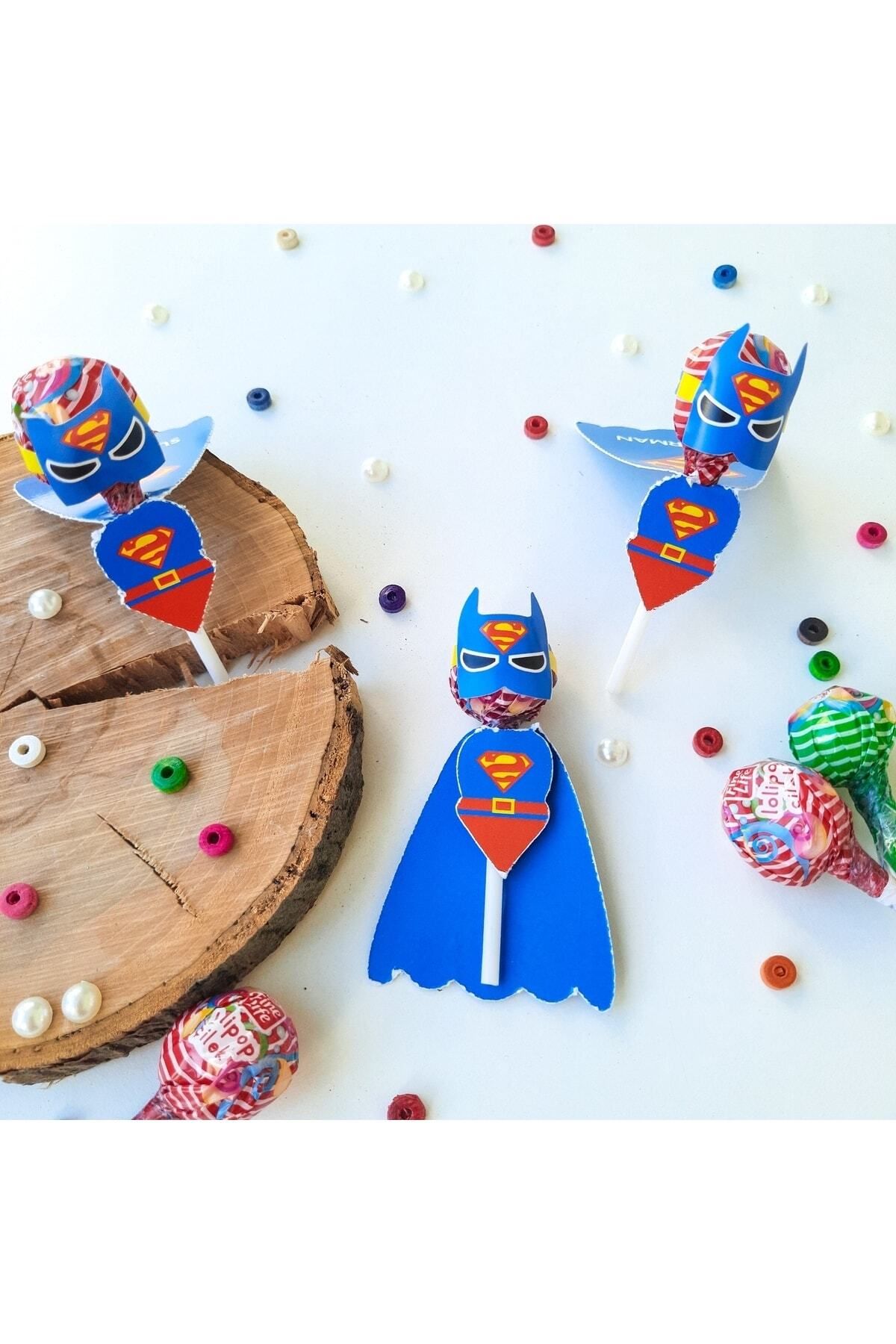 Atolye Doruk 20'li Superman Erkek Çocuk Doğum Günü Parti Malzemeleri-lolipop Süsleme Kartı Karne Bayram Hediyesi