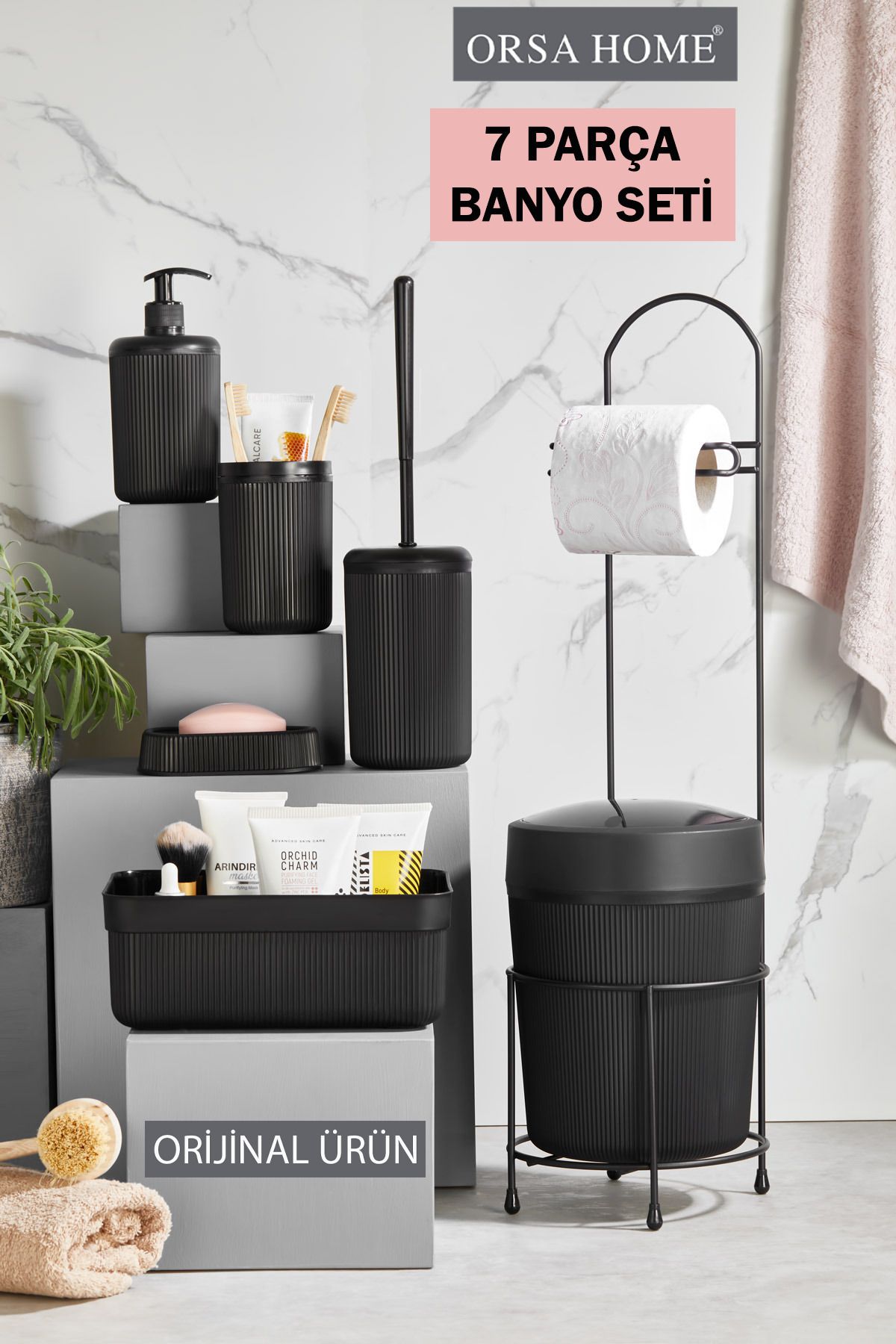 ORSA HOME 7 Parça Siyah Banyo Seti Metal Stantlı Kovalı Wc Kağıtlık Kozmetik Kutusu Diş Fırçalık Ve Sabunlukla