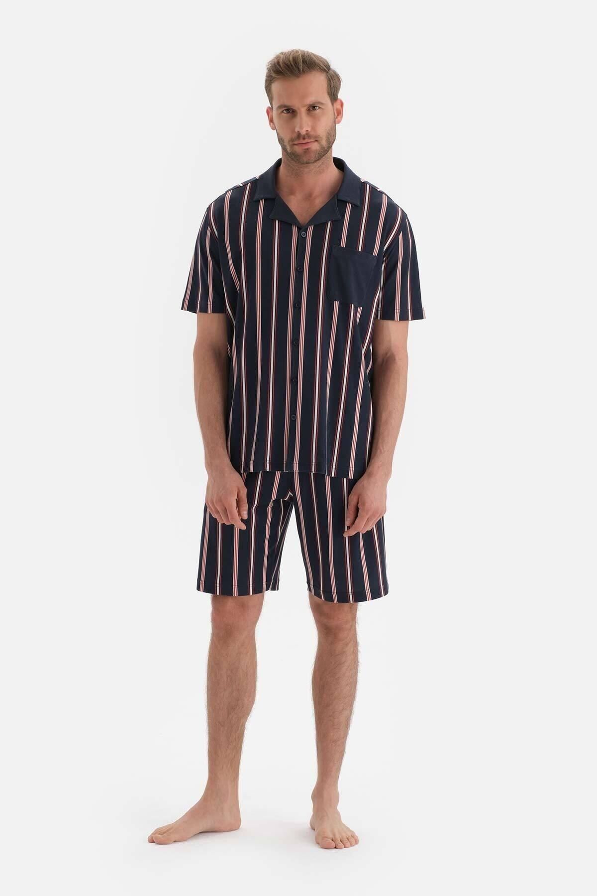 Dagi Lacivert Gömlek Yaka Çizgili Pamuklu Şortlu Pijama Takımı