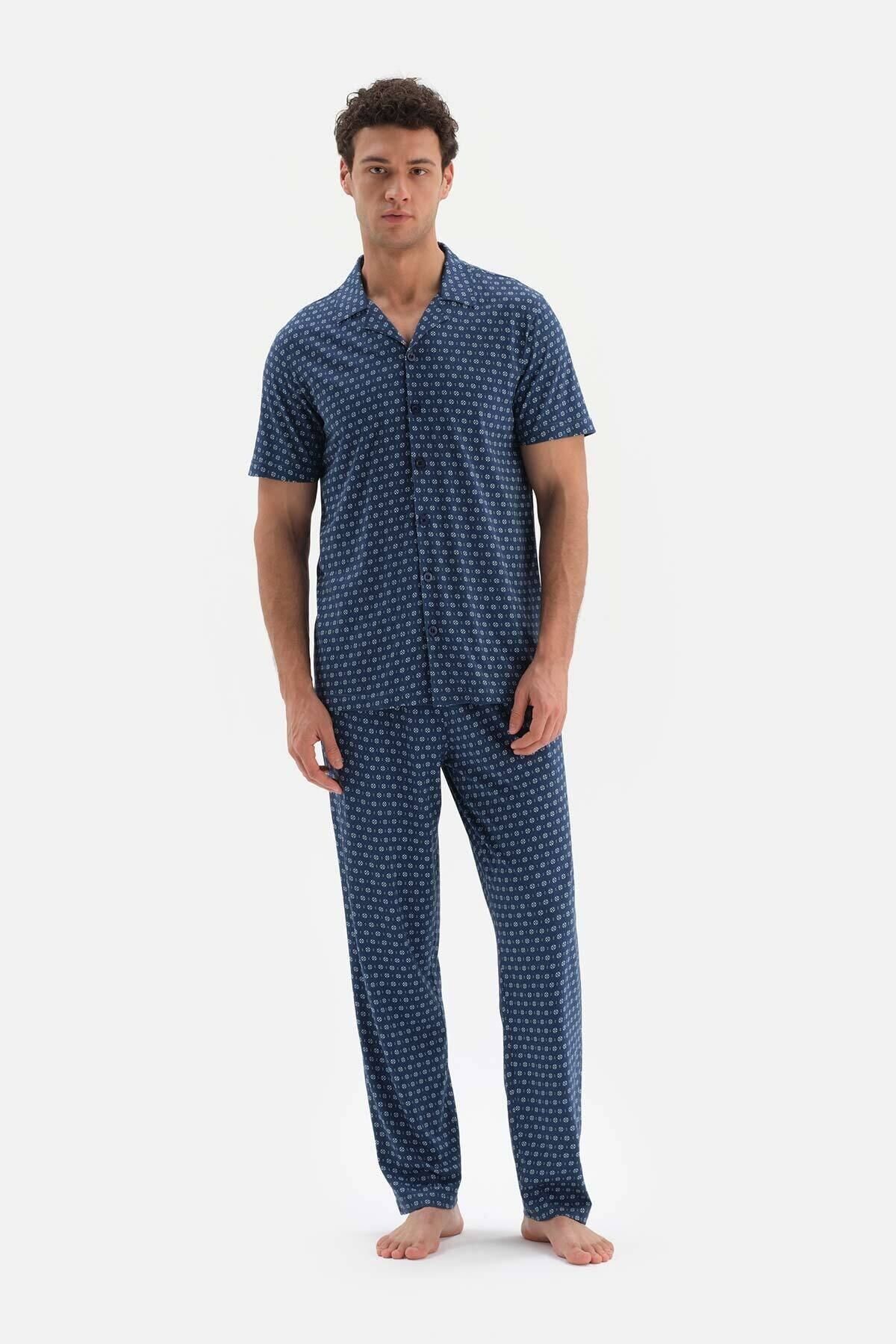 Dagi Lacivert Gömlek Yaka Metraj Baskılı Modal Pijama Takımı