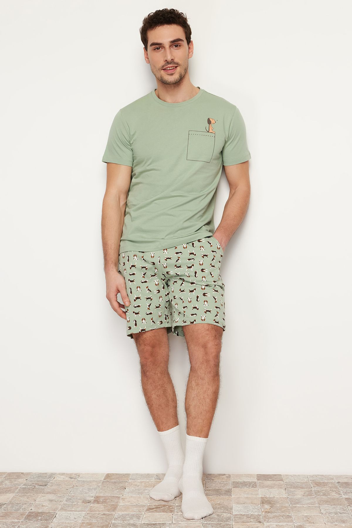 TRENDYOL MAN Yeşil Regular Fit Baskılı Örme Şortlu Pijama Takımı THMSS21PT0324