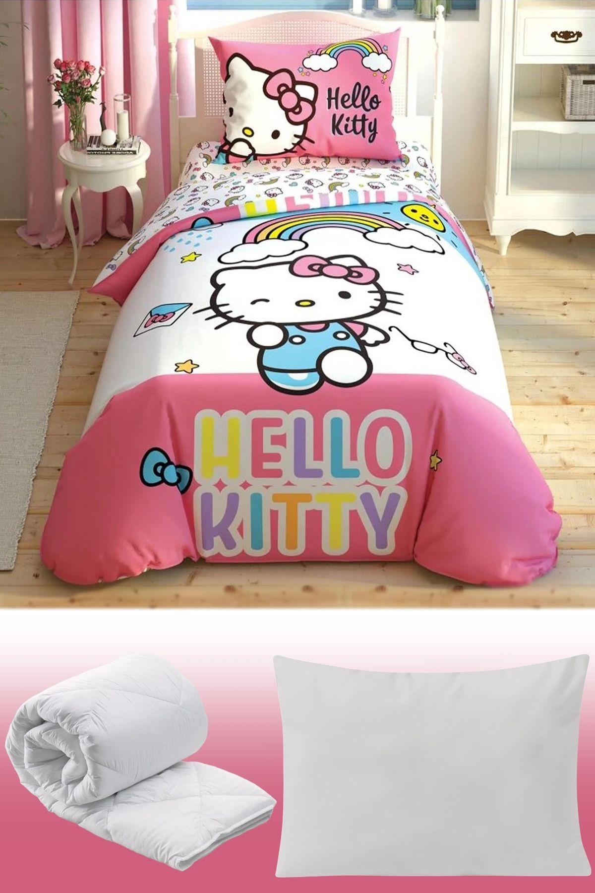 Taç Hello Kitty Lisanslı Tek Kişilik Kız Çocuk Uyku Seti 5 Parça %100 Pamuk