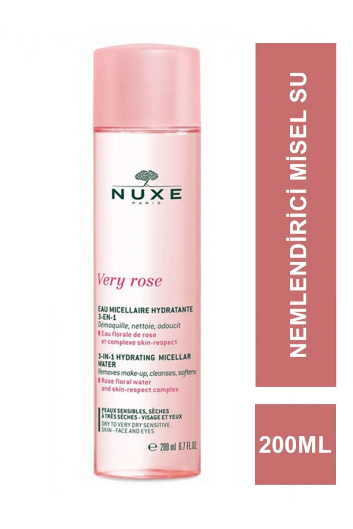 Nuxe Very Rose - 3 ü Bir Arada Nemlendirici Yüz,Göz,Dudak İçin Misel Temizleme Suyu 200 ml Kuru Ve Hassas