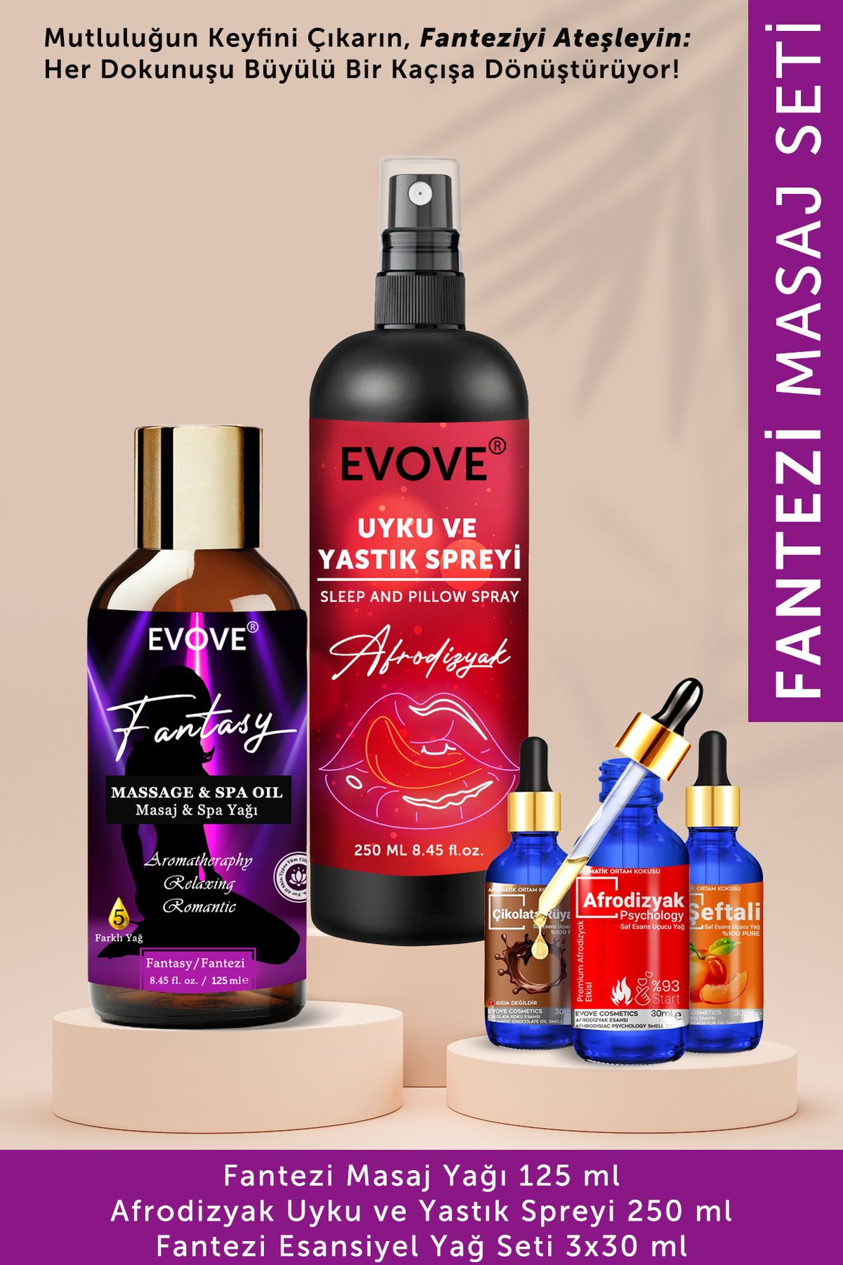 Evove Cosmetics Fantezi Masaj Seti Aromaterapi Masaj Yağı-Uyku ve Yastık Spreyi- Esansiyel Yağ Seti