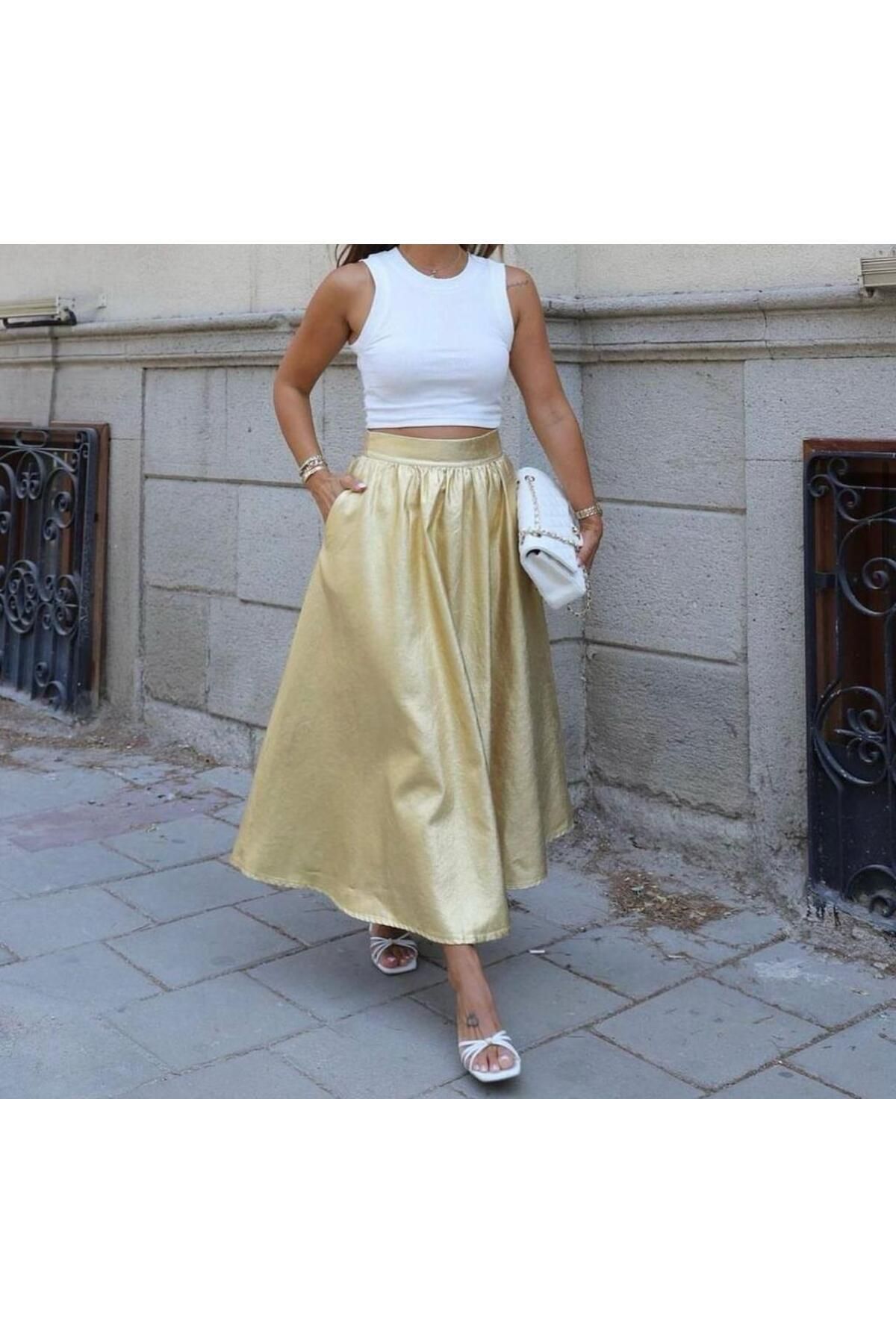 gül sezgin butik Kadın Gold Renk Parlak Kumaş Volanlı Cepli Etek
