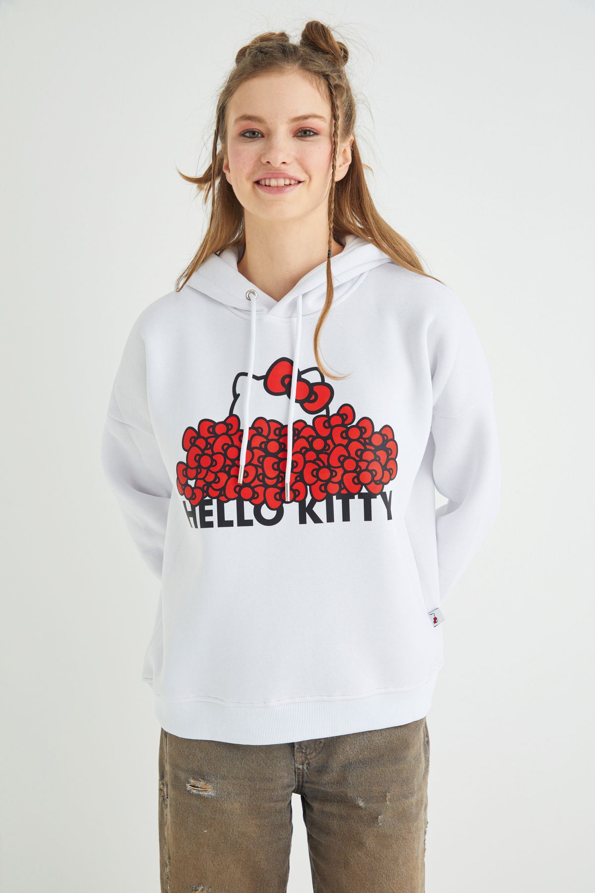 Hello Kitty Lisanslı Baskılı Kapüşonlu Kalın Oversize Fit Beyaz Sweatshirt Roz-109