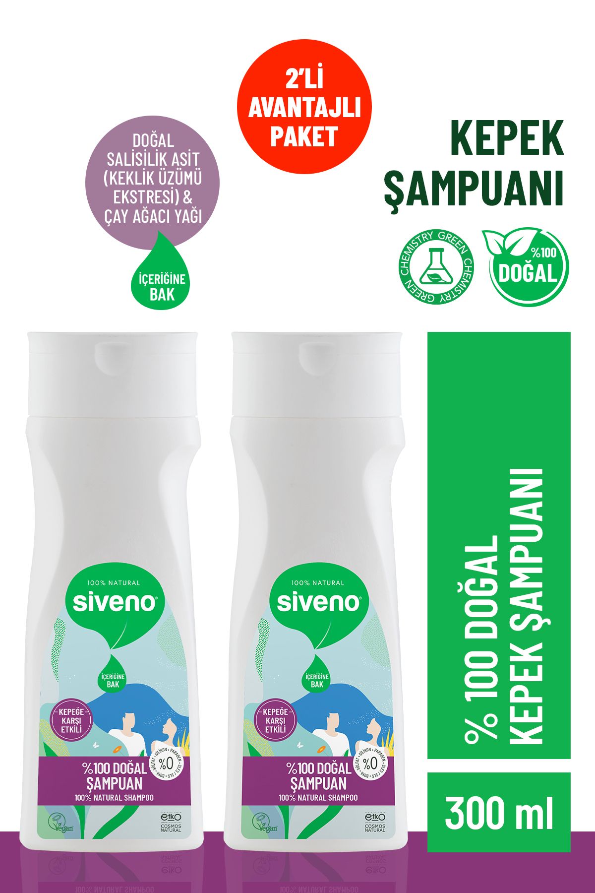 Siveno %100 Doğal Kepeğe Karşı Etkili Şampuan Yağlı Saçlar Çay Ağacı Keklik Üzümü Vegan 300 ml X 2 Adet