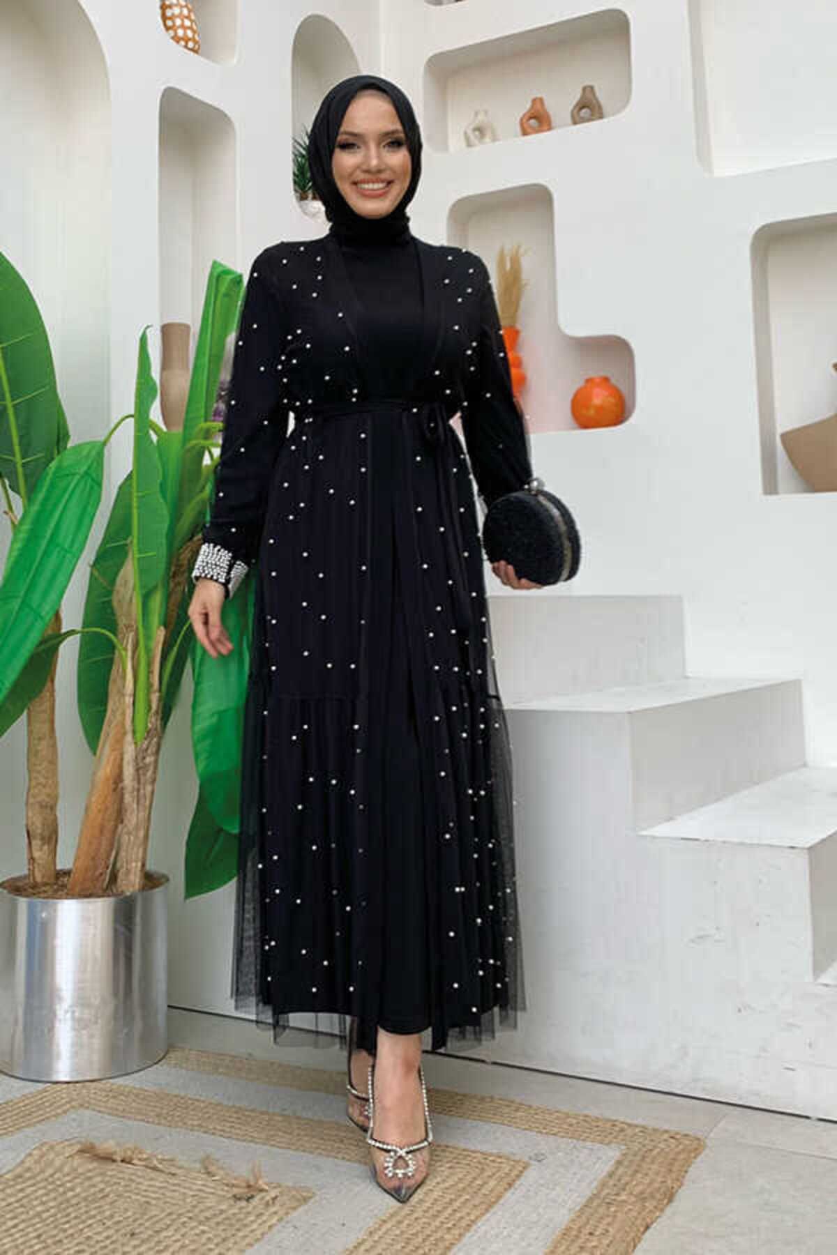 Bym Fashion İncili Abaya Ve Elbise Takım 8491 Siyah