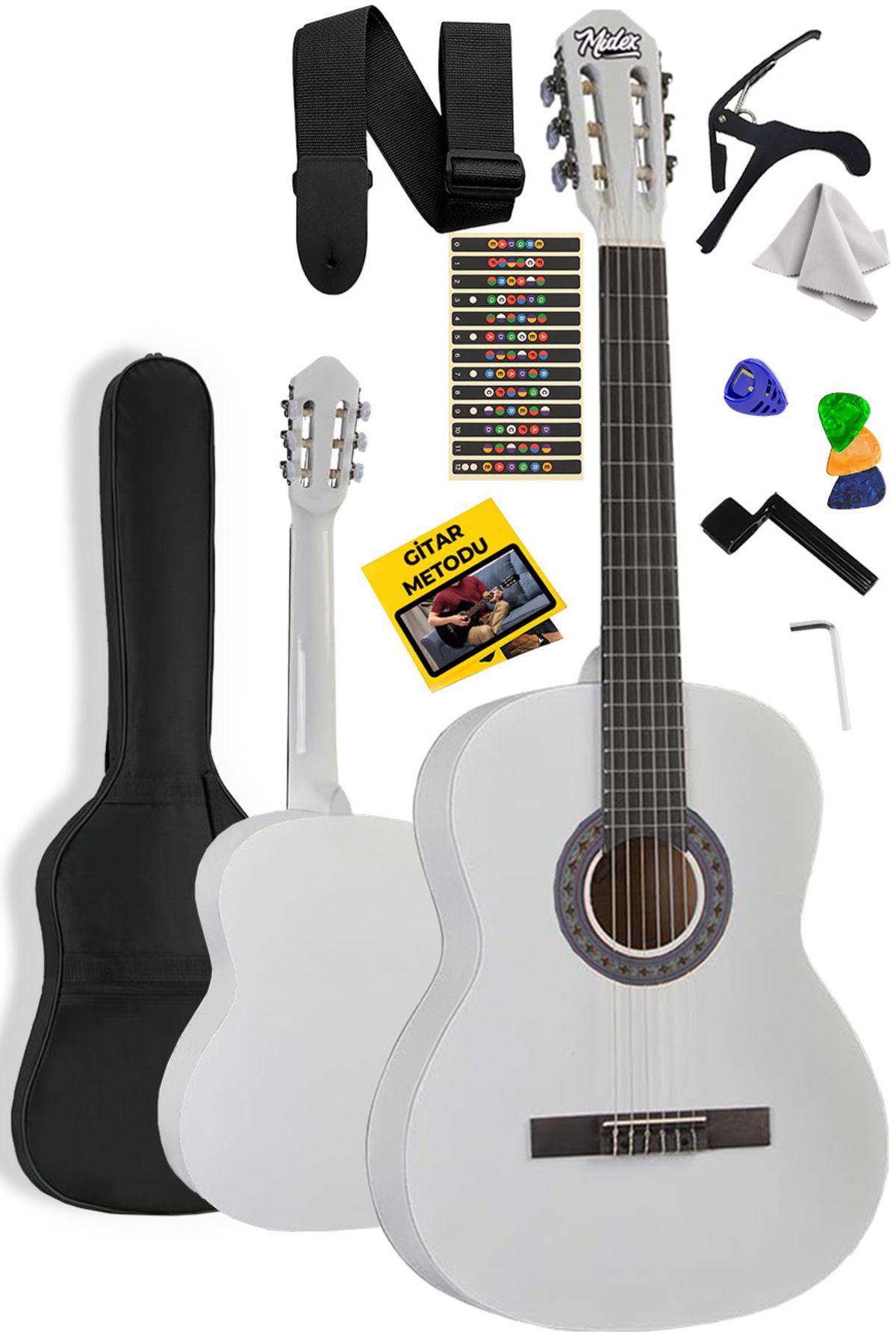 Midex Cg-270wh Beyaz Renk Klasik Gitar 4/4 Yetişkin Boy Sap Ayarlı Full Set