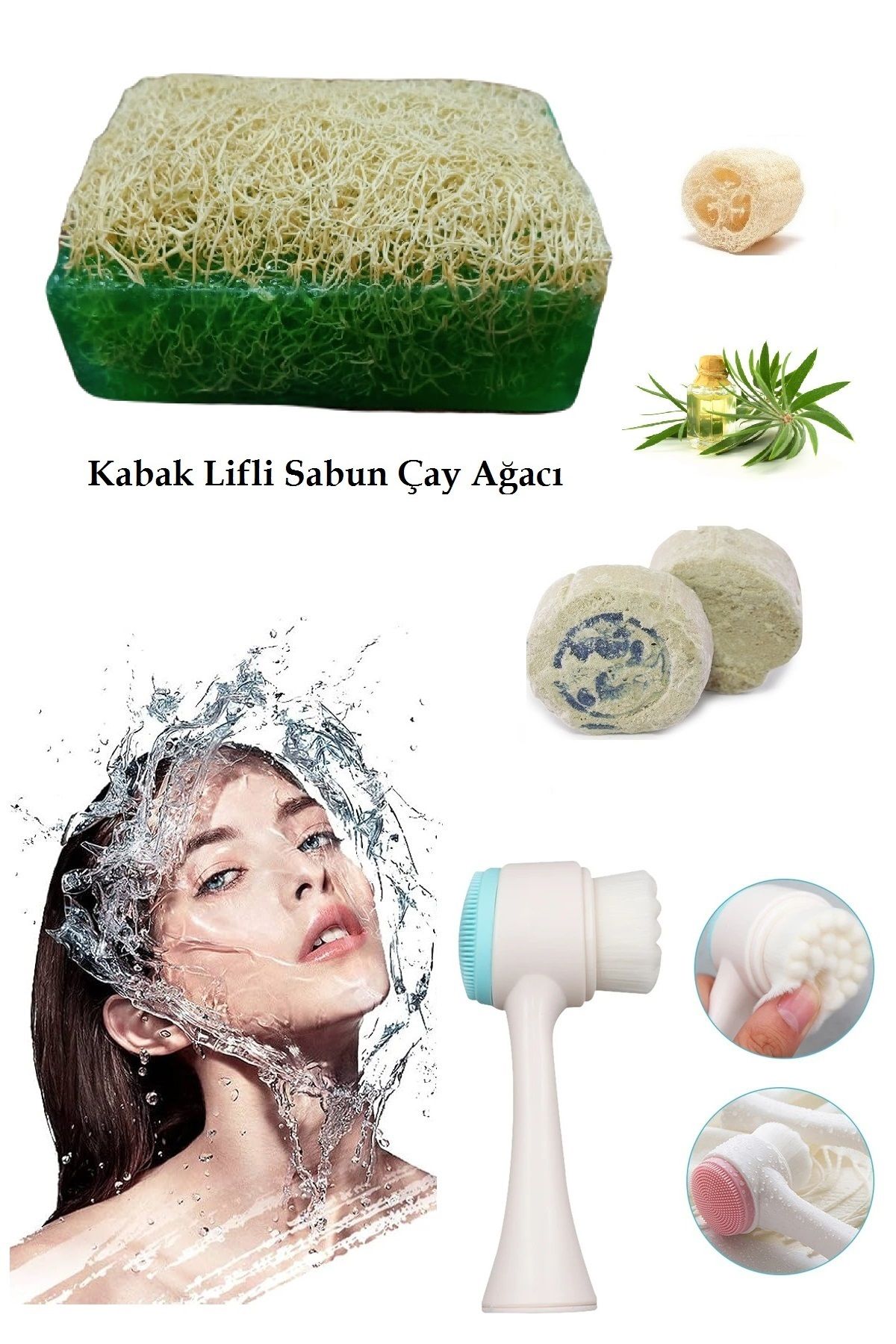 Nadom 3'lü Cilt Yenileme Çift Taraflı Yüz Temizleme Fırçası Arındırıcı Peeling Kabak Lifli Çay Ağacı Sabun
